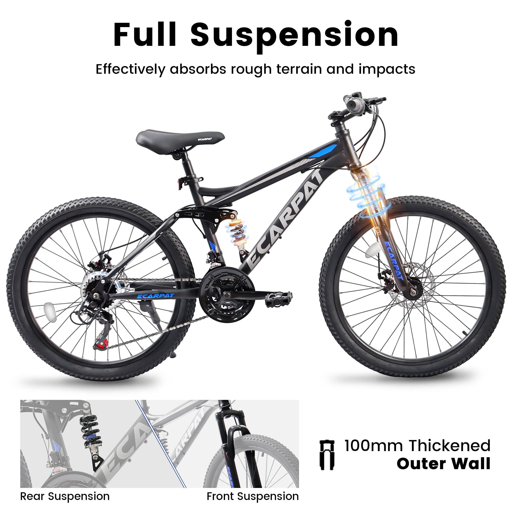 ECARPATEYE Mountain Bike 24 Inch Wheels, 21-Speed Full Suspension Trail Commuter City Mountain Bike, Carbon Steel Frame Disc Brakes Grip Shifter Front Fork Rear Shock Absorber Bicycles (Black, 24 Inch)