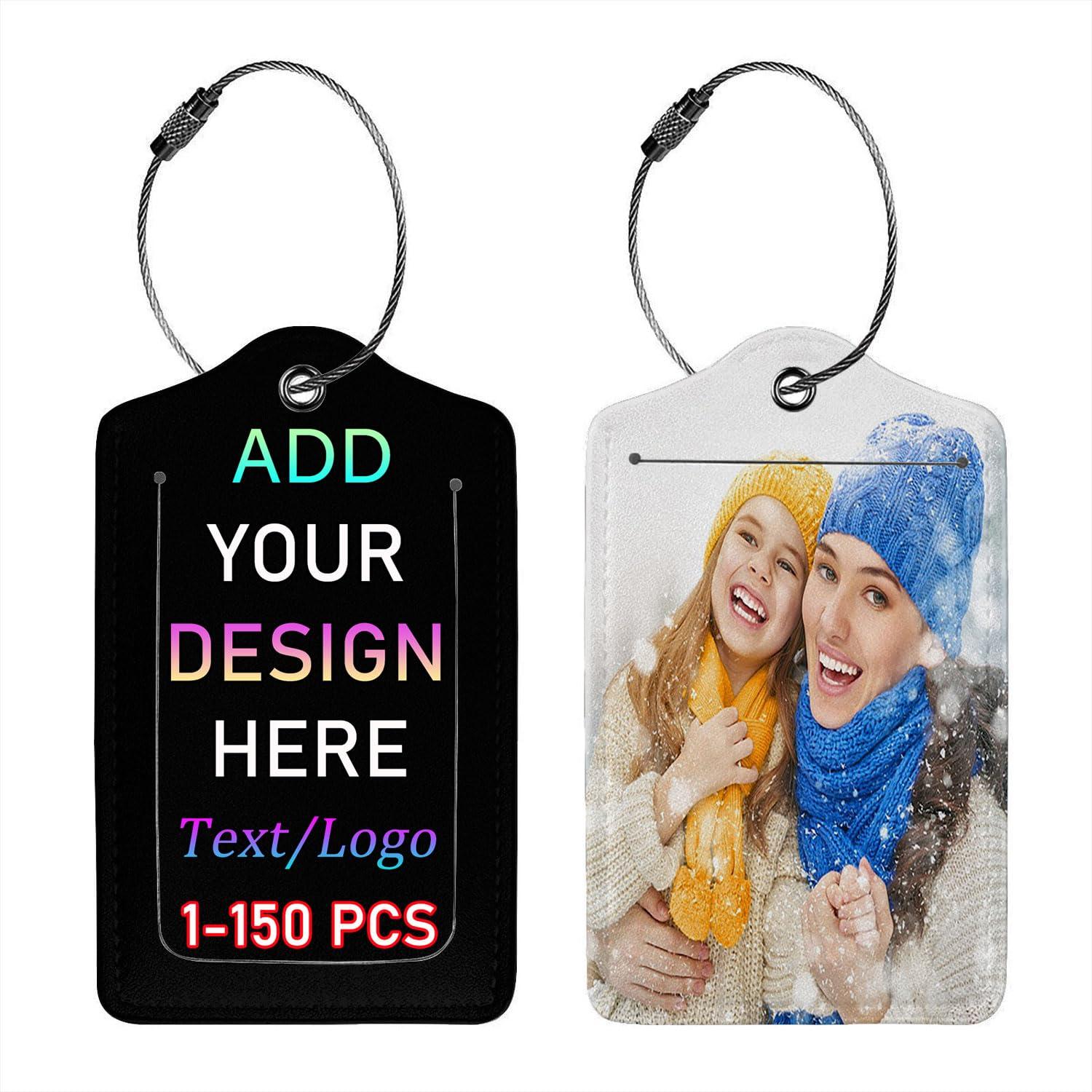 Pzwqkyn Custom Luggage Tag Personalized Your Own Text, Image, Photo, Logo Customized Travel Suitcases Labels Tags with Full Privacy Card and Stainless Steel Loop, 1 PCS PU Leather Baggage Tags, Black
