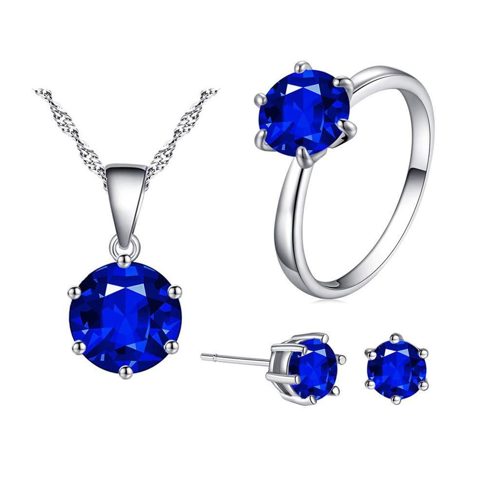 YAZILIND YAZILIND Gemstone Rainbow Cubic Zirconia Round Gemstone Necklace Pendant Earrings and Ring Jewelry Sets for Women Blue US Size 9