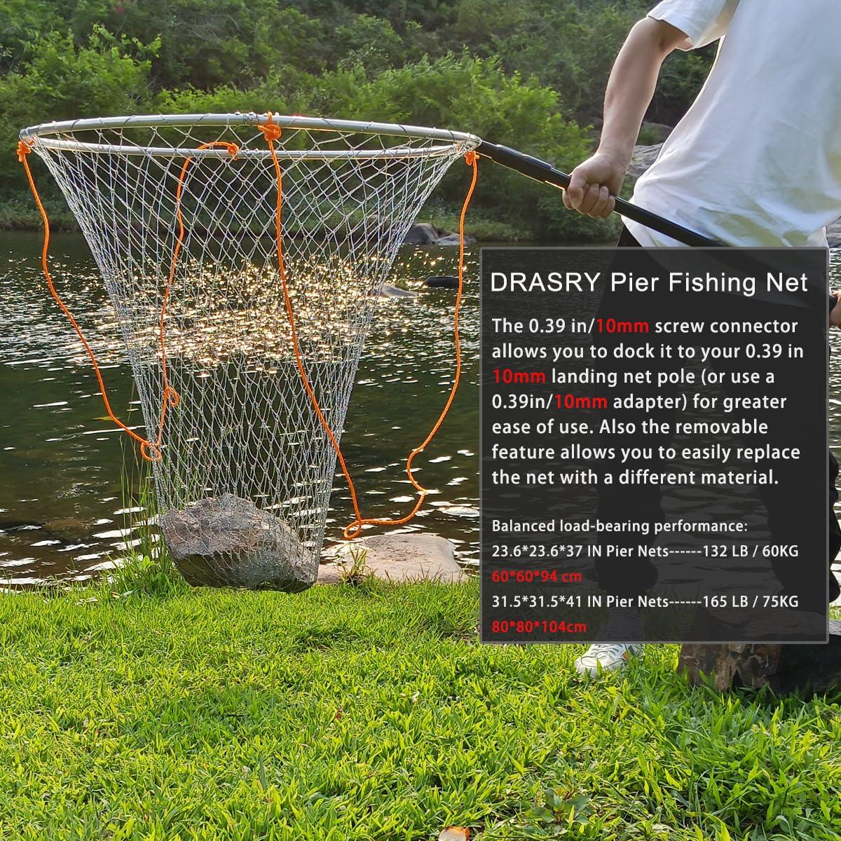 Drasry Drasry Foldable Bridge and Pier Fishing Net Landing Net High Load-Bearing Aluminum Ring Drop Net for Saltwater Freshwater Pier Fishing Baskets Collapsible with 49.2 FT Rope 31.5 * 31.5 * 41 in