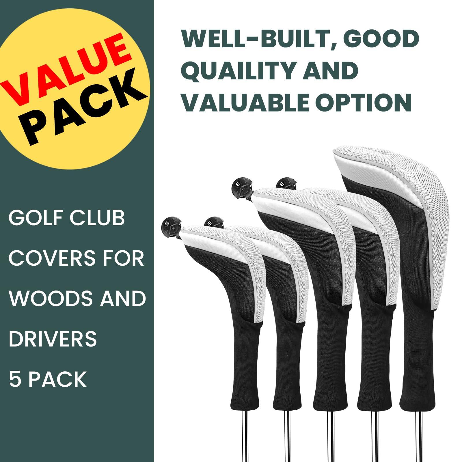FINGER TEN FINGER TEN Golf Club Head Covers Woods Driver Fairway Hybrid 3/4/5 Set, Headcovers Men 1 3 5 7 X Interchangeable Number Tag, Fit All Wood Clubs (Gray-1 Driver&2 Fairway&2 Hybrid)