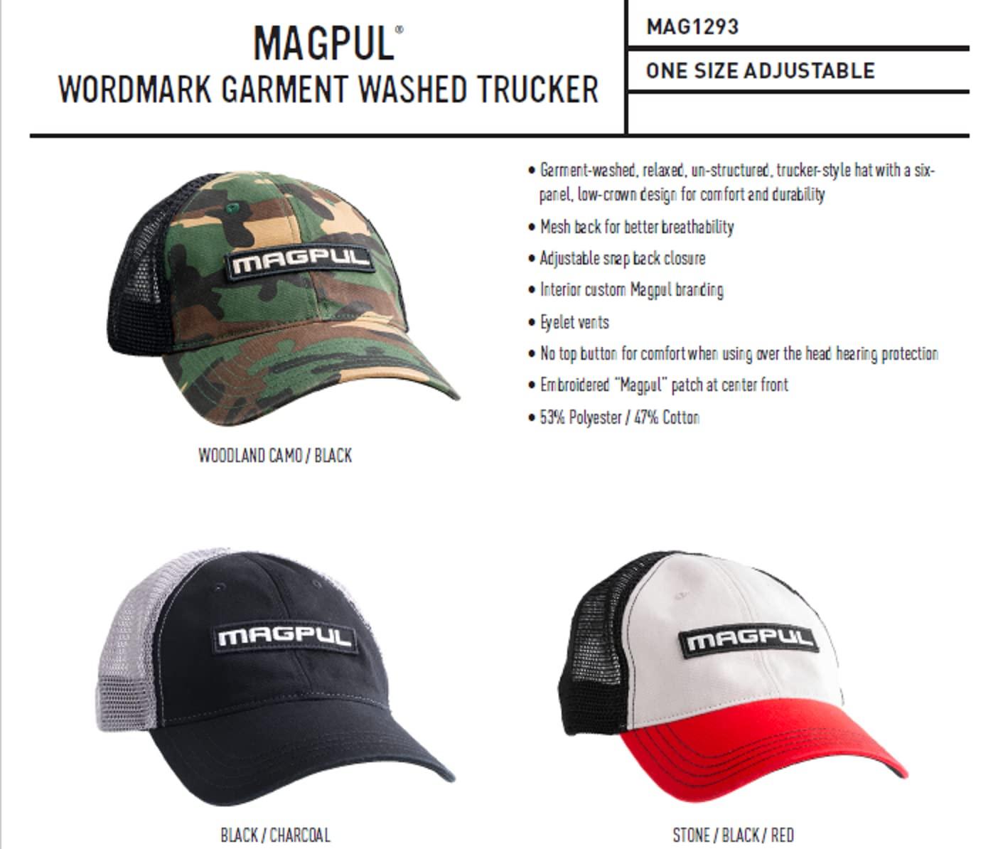 Magpul Magpul Standard Trucker Hat Snap Back Baseball Cap, One Size Fits Most, Wordmark Garment Washed Black/Charcoal