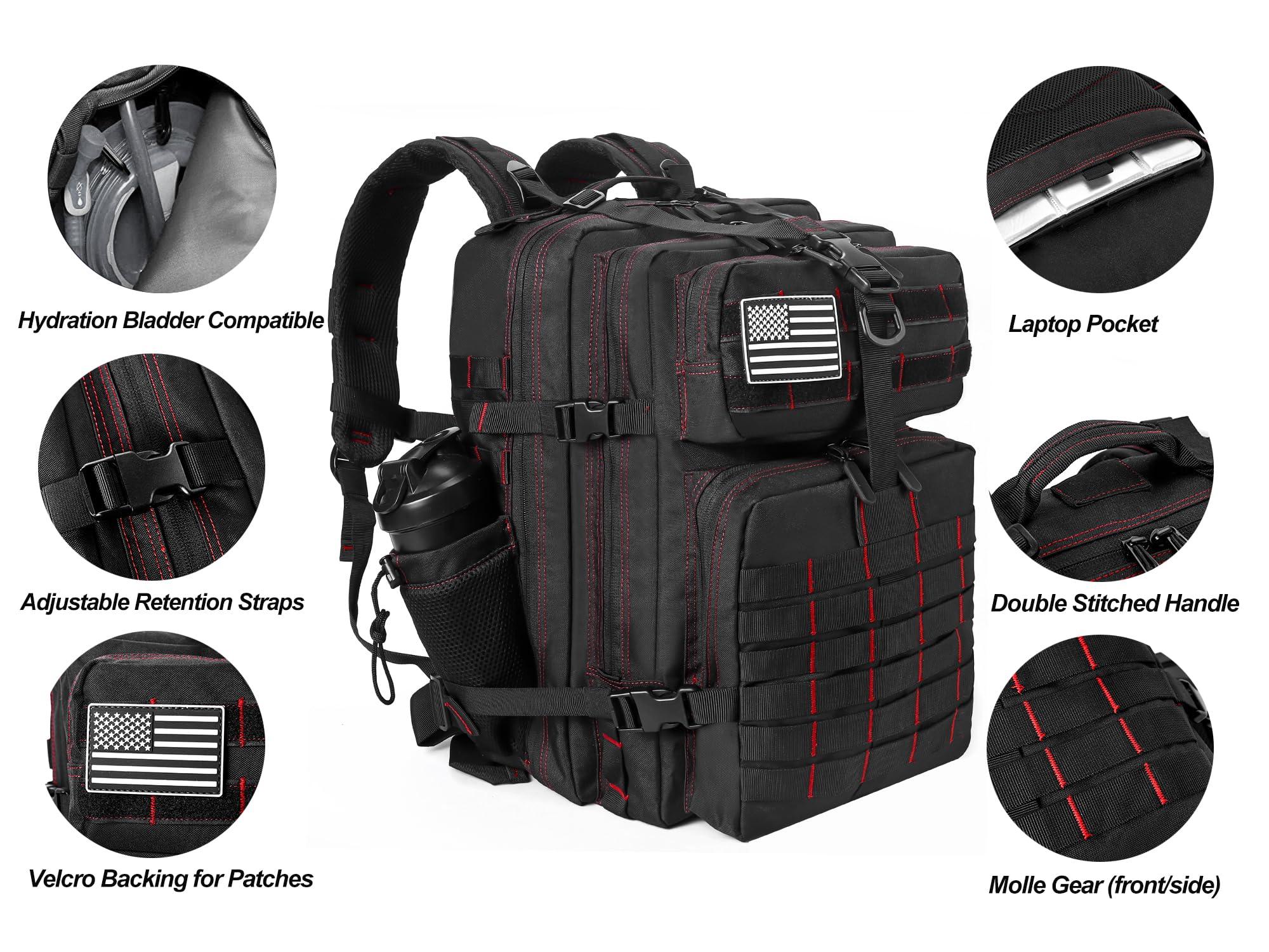 LHI LHI Military Tactical Backpack for Men and Women 45L Army 3 Days Assault Pack Bag Large Rucksack with Molle System - Black with Red Line