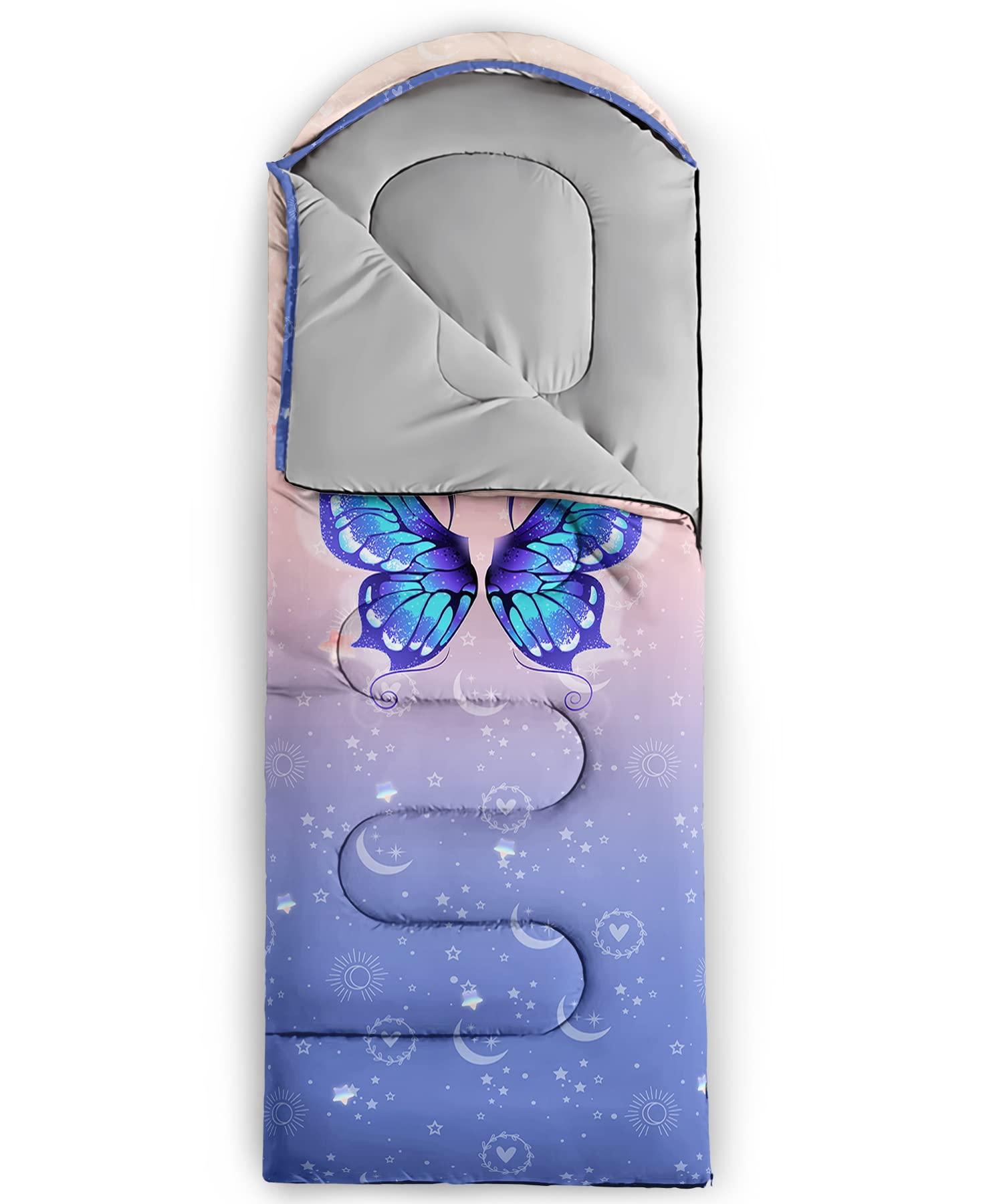BSNTHO BSNTHO Blue Butterfly Printed Camping Sleeping Bags,3 Season Warm & Cool Weather,Lightweight, Sleeping Bags for Adults & Kids,Traveling,and Outdoors,Camping Gear Equipment,31x90inch,Standard