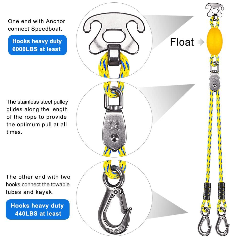 SELEWARE SELEWARE 8ft Heavy Duty Boat Tow Harness, 3 Permanent Antirust Stainless Steel Connector and Pulley for Tubing, Skiing, Wake Boarding with Waverunner, Seadoo, Jet ski