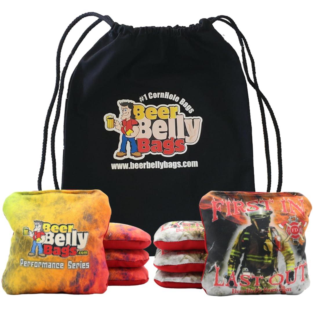Beer Belly Bags Beer Belly Bags Pro Style Performance Cornhole Bags Tournament Regulation Resin Fill 16 Ounce - Set of 8 Includes Carrying Tote Made in USA (Fireman/Atomic Fire)