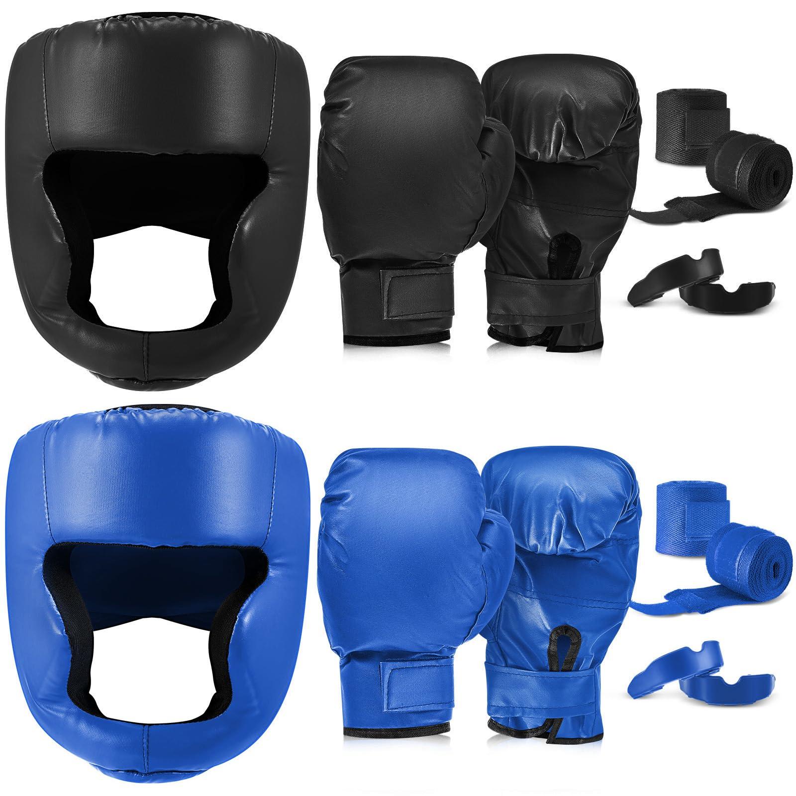 Kanayu Kanayu 14 Pcs Boxing Set Including 2 Pair of 16 oz Boxing Gloves Headgear Helmet Hand Wraps Mouth Guards Gifts for Adults Youth Beginners Training Equipment(Black, Blue)