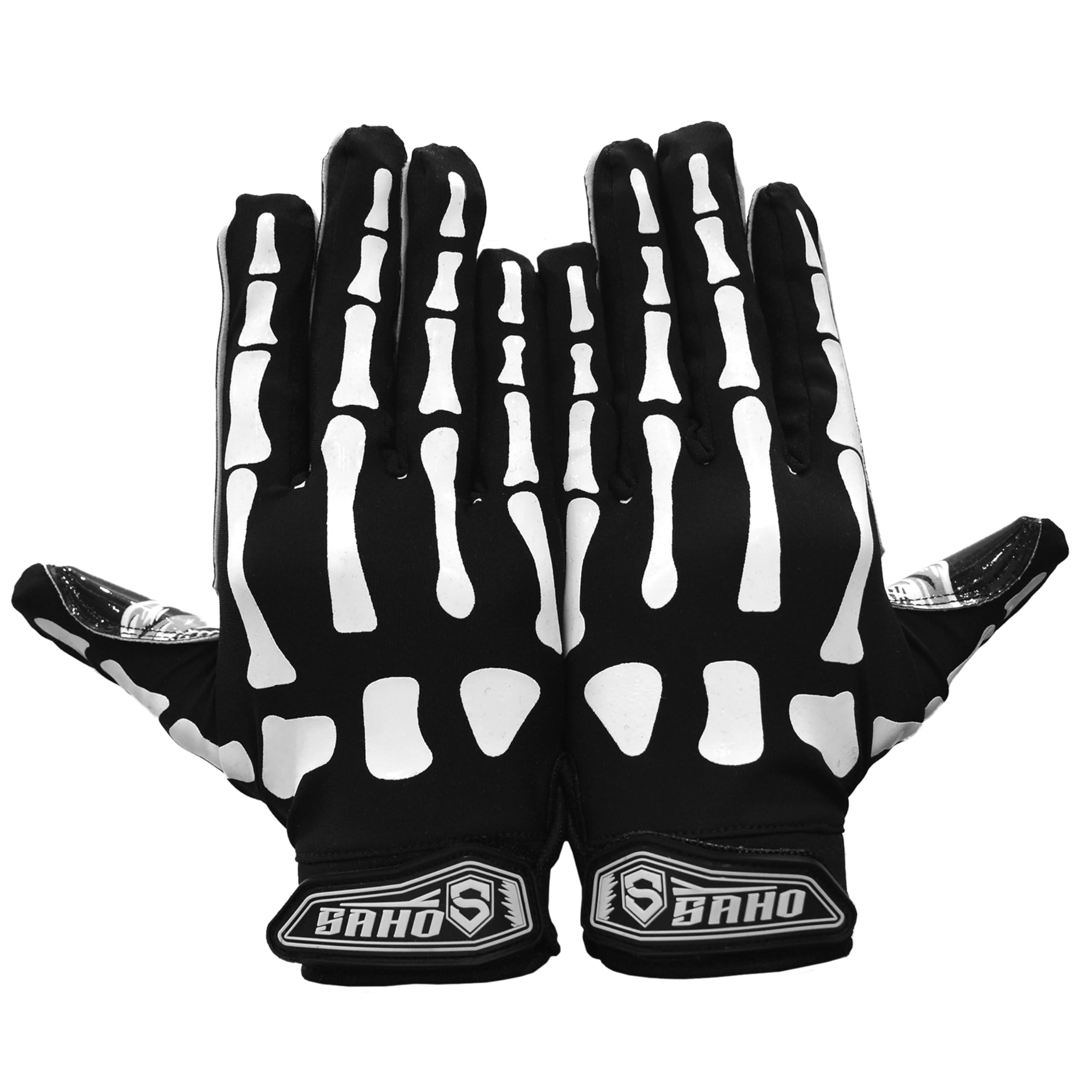 SAHO Skull Football Gloves - Tacky Grip Skin Tight Enhanced Performance Football Gloves - Skeleton Pro Elite Super Sticky Receiver American Football Gloves - Adult & Youth Sizes Black Color (Adult L)