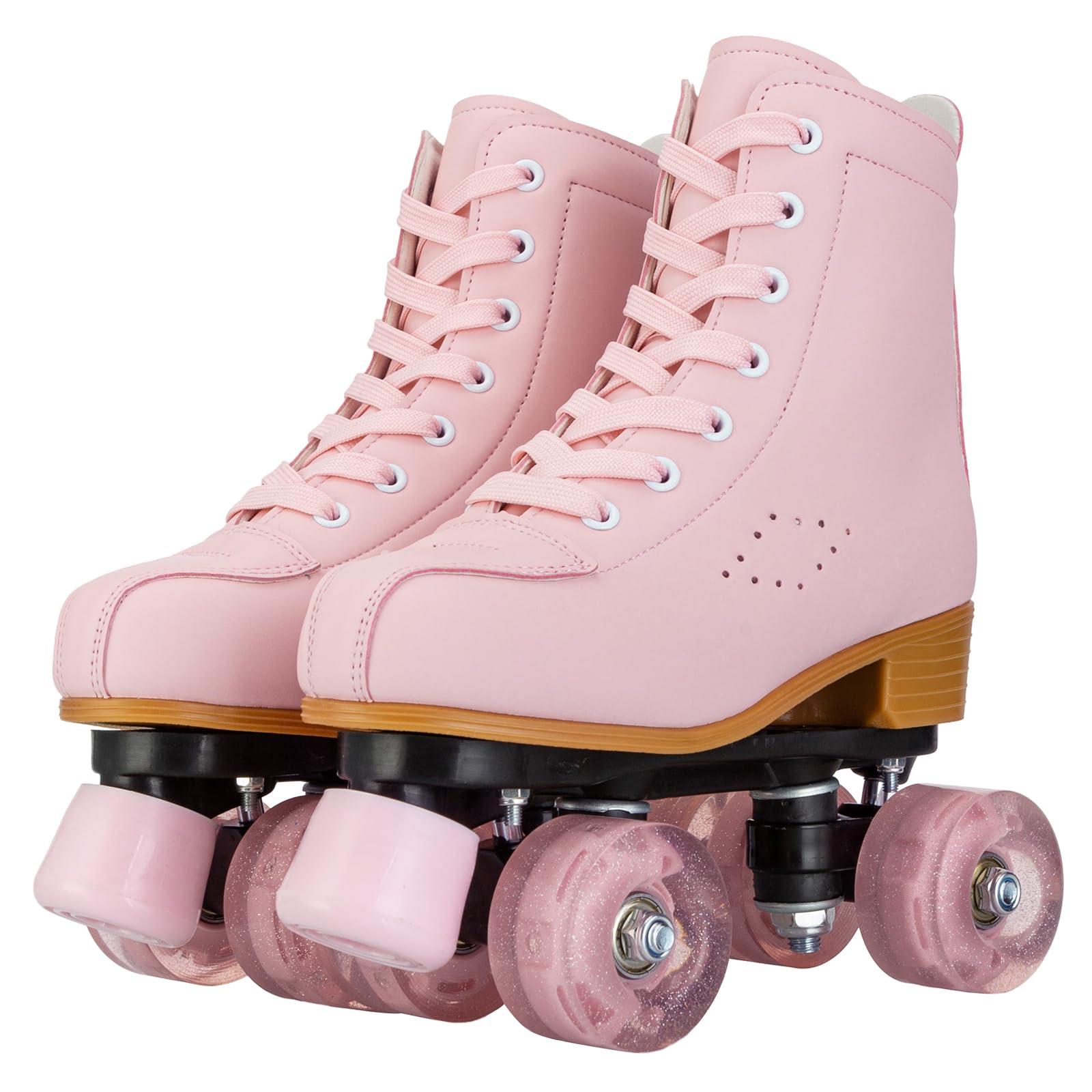 YYW YYW Roller Skates for Girls and Women, Fantastic Pink Purple PU Leather Light Up Kids Youth Roller Skates, Indoor Outdoor Roller Skates Girls Ages 8-12 (37-US Women 7/ Youth 6,Pink)