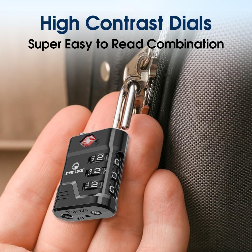 SURE LOCK SURE LOCK TSA Locks for Luggage, TSA Approved Luggage Locks with Open Alert, TSA008 Key for High Security, Easy Read Dials, Zinc Alloy Body, Locker Lock for Suitcase, Gym, Travel(Black 6 pk)