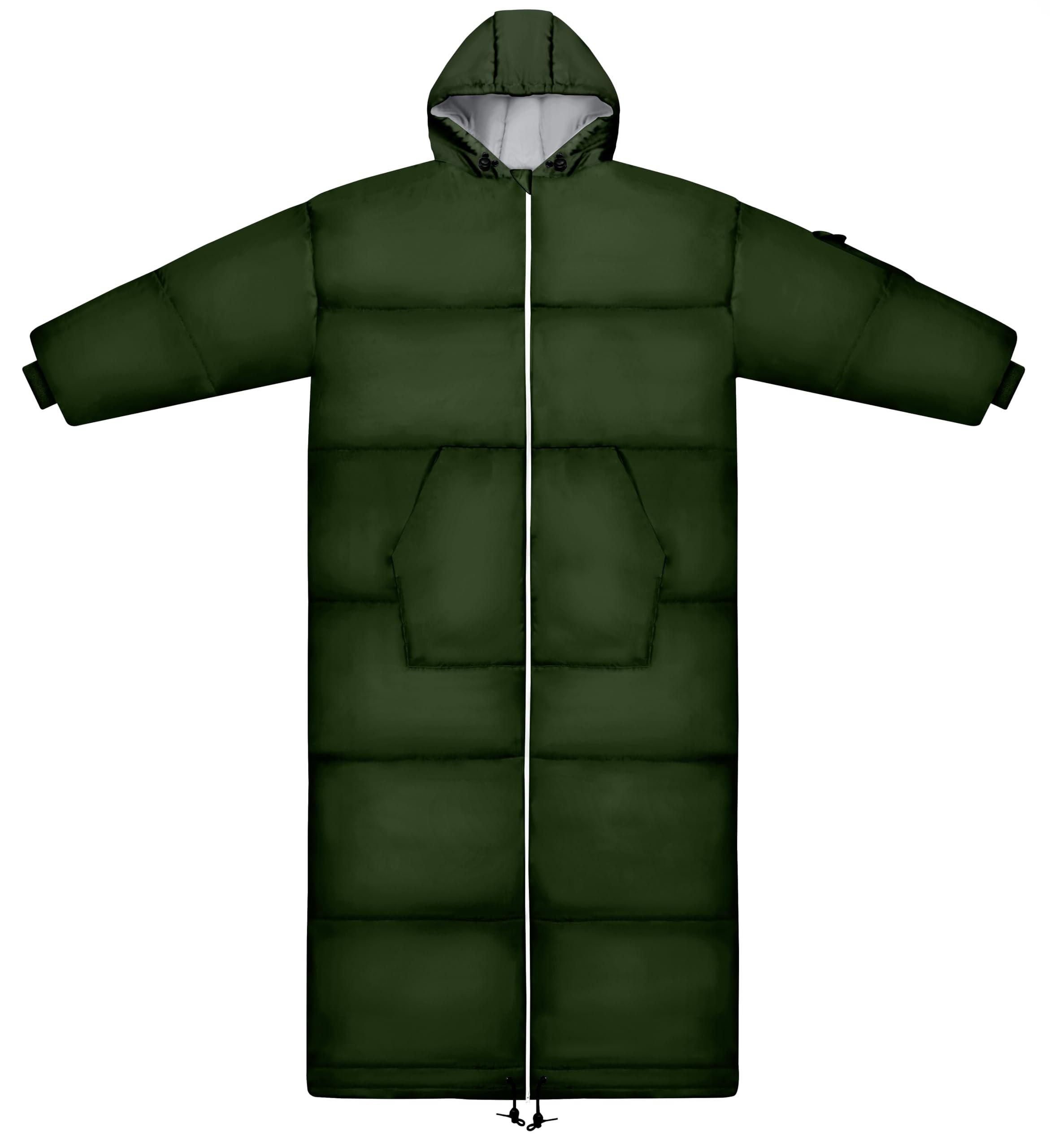Flourish Thermotuff Wearable Sleeping Bag with Dual Hoodie, Long Sleeves, Pockets & Adjustable Drawstring - Ideal for Camping, Cold Weather Hiking, and Stadium Sak Blanket (Army Green)