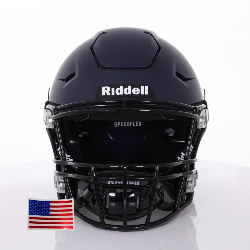 Green Gridiron Green Gridiron - Riddell SpeedFlex Adult w/Black SF-2BD Facemask + Chrome US Helmet Flag Decal (Matte Navy Helmet, Small Helmet)