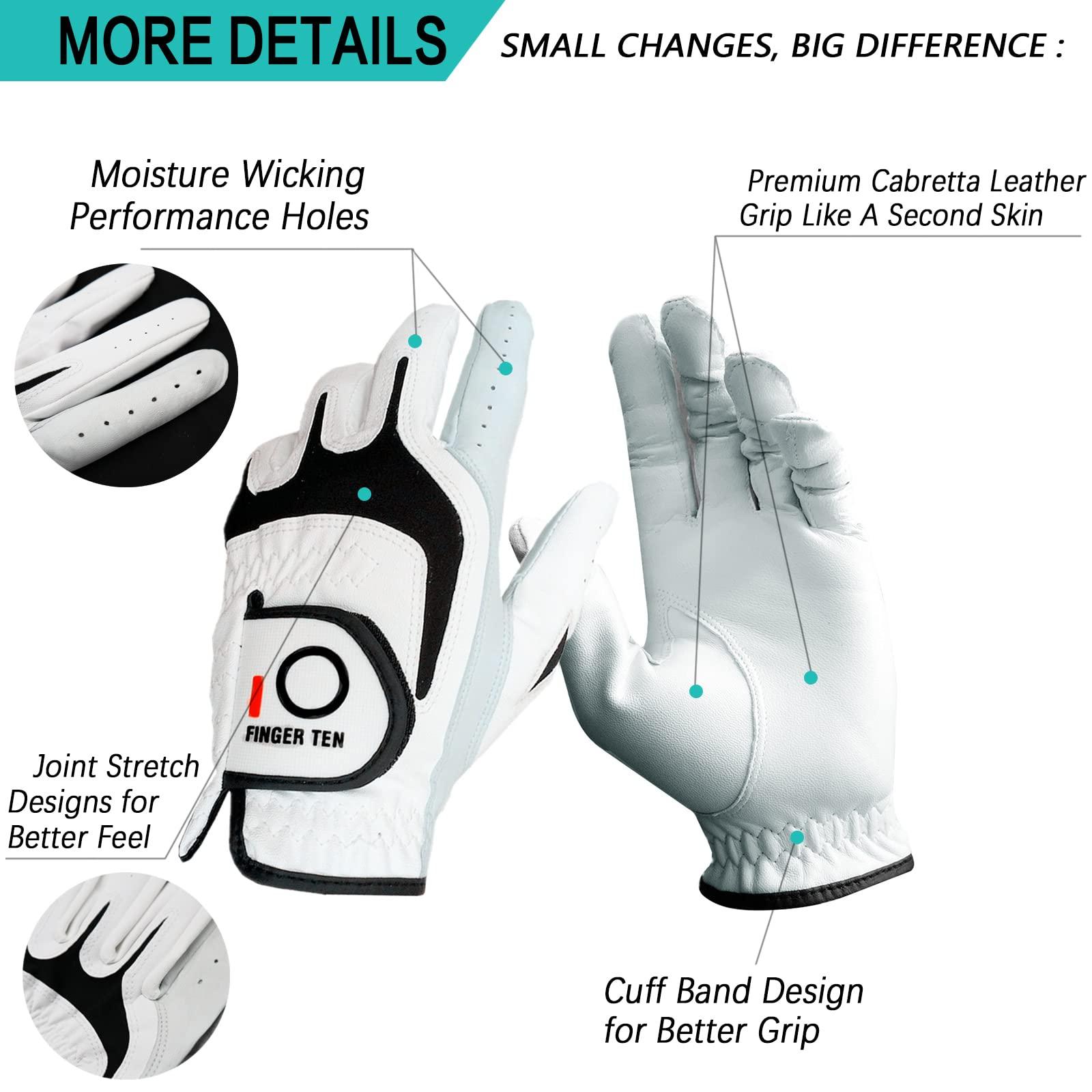 FINGER TEN FINGER TEN Golf Gloves Men Right Left Handed Golfer 3/6 Pack Mens Golf Glove Left Right Hand Soft Cabretta Leather All Weather Grip Size S M ML L XL (White-6 Pack, X-Large, Left)