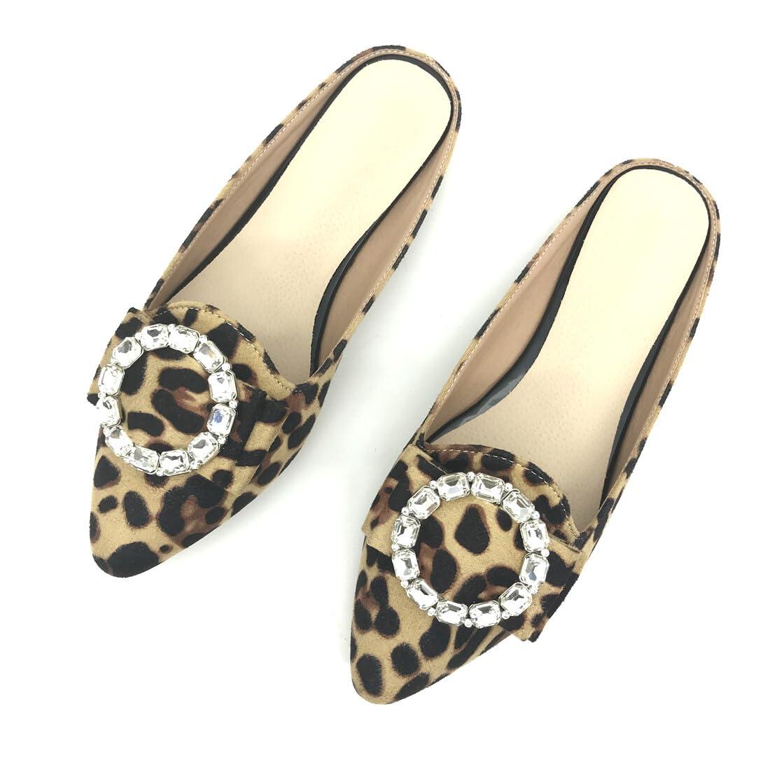 Starella Rhinestone Mules for Women Flats Shoes Slip On Backless Loafer Pointed Toe Dress Mule Slides Velvet Leopard EU43/US10