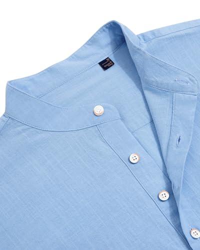J.VER J.VER Men's Banded Collar Linen Shirts Long Sleeve Slim Fit Button Down Shirts Beach Wedding Shirt with Pocket Light Blue X-Large