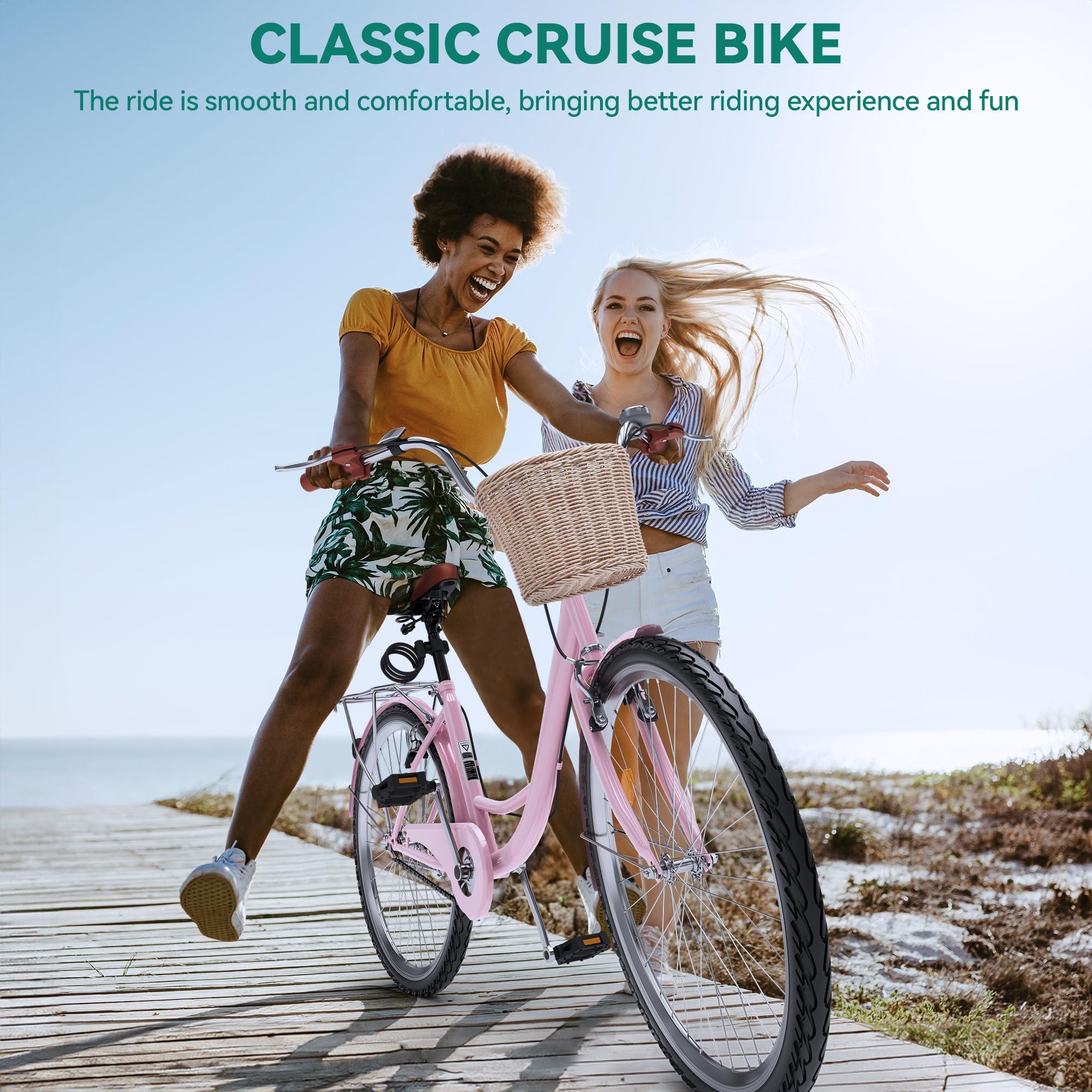 YITAHOME YITAHOME 24 Inch Beach Cruiser Bike for Women, 1 Speed Commute Bicycle for Adults, Women Bike with Adjustable Seat & Basket, Multiple Color