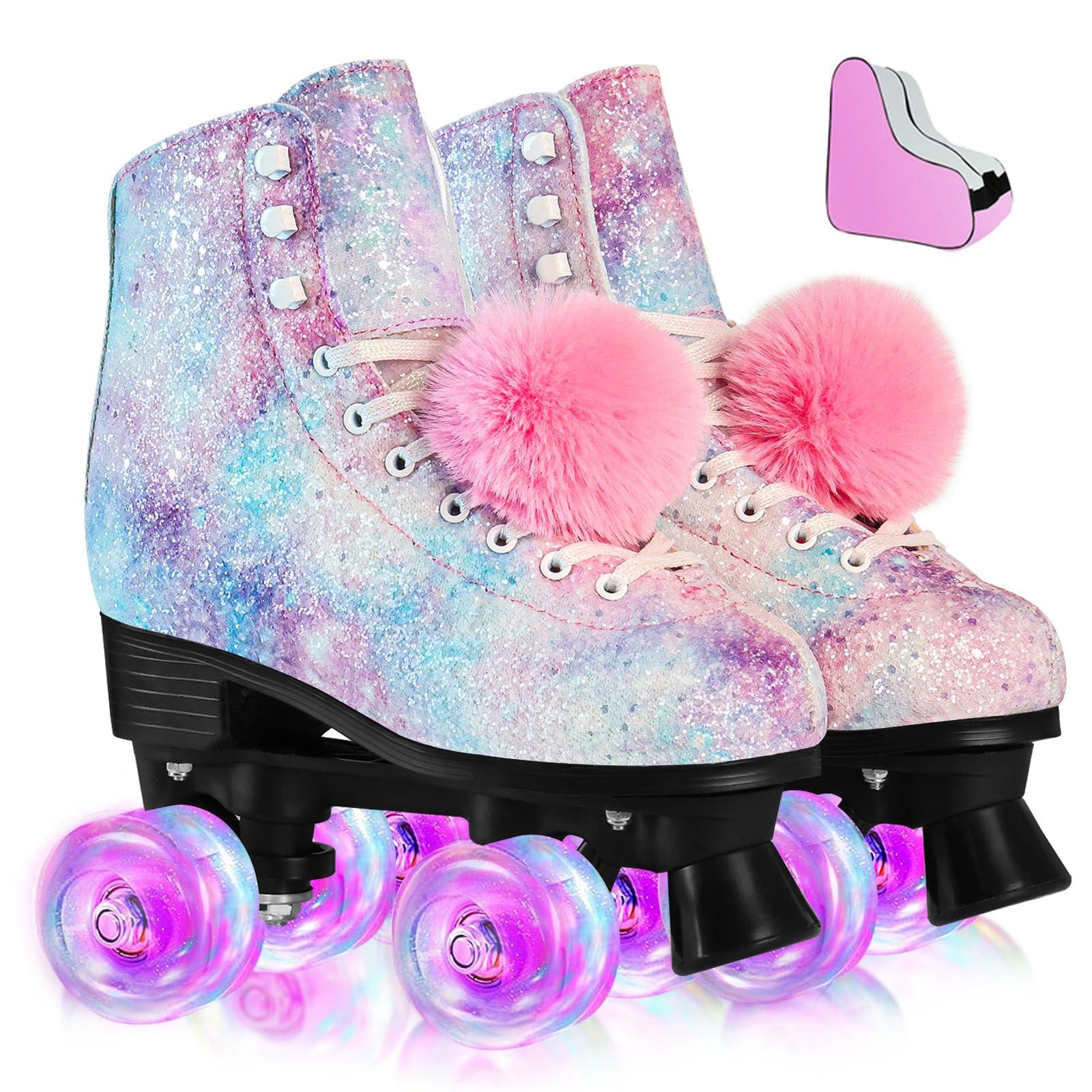 LEVYTEMP LEVYTEMP Roller Skates for Women, Men Light-Up Wheels Double-Row Rollerskates High-Top PU Leather Classic Designs Glitter Skate Shoes for Girls Beginners with a Shoes Bag Size 5 Indoor Outdoor