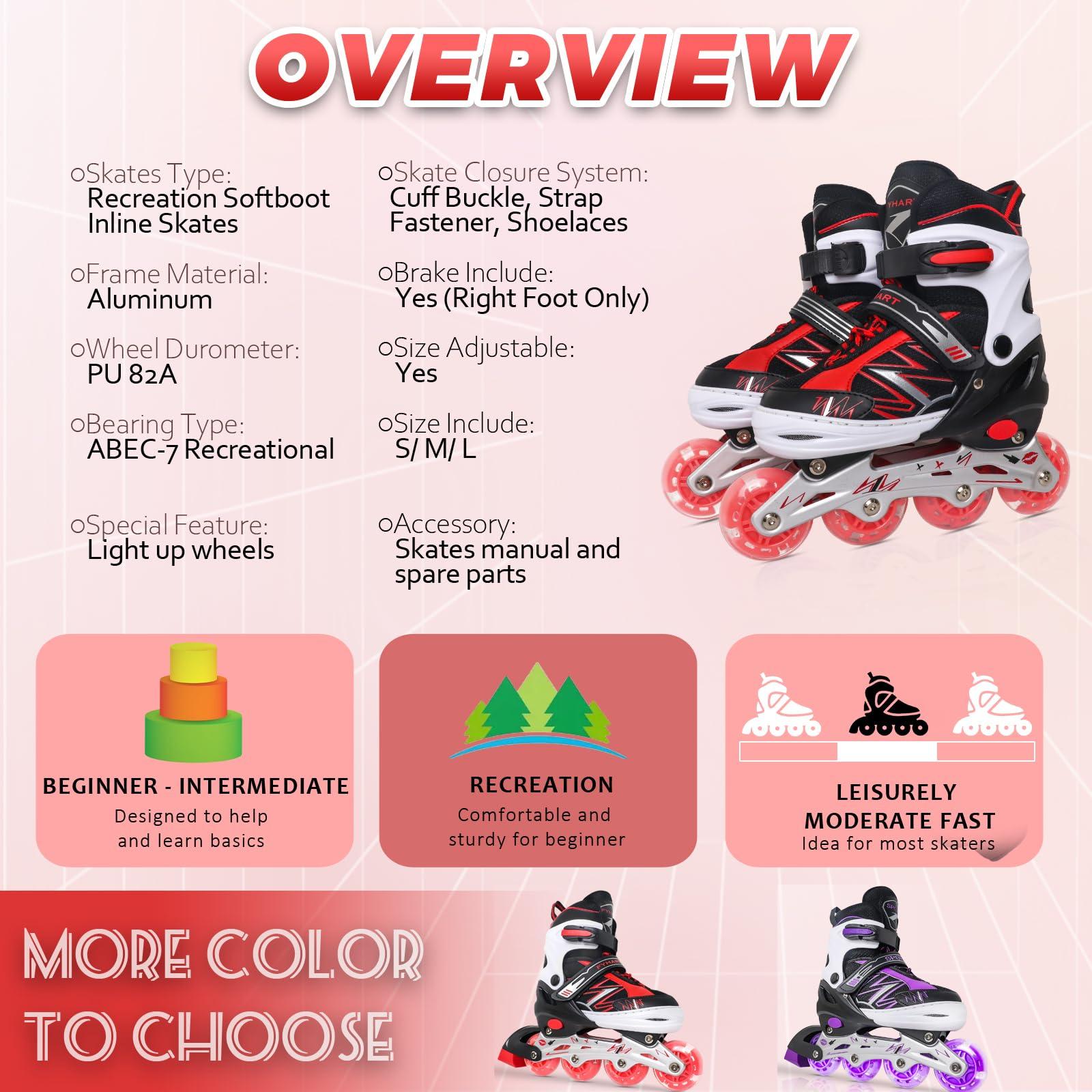 LEJIJIT LEJIJIT Adjustable Kids Inline Skates for Girls Boys Children Beginners, Black & Red Inline Skates with Light Up Wheels for Kids and Youth for Indoor Outdoor Sports (Medium)