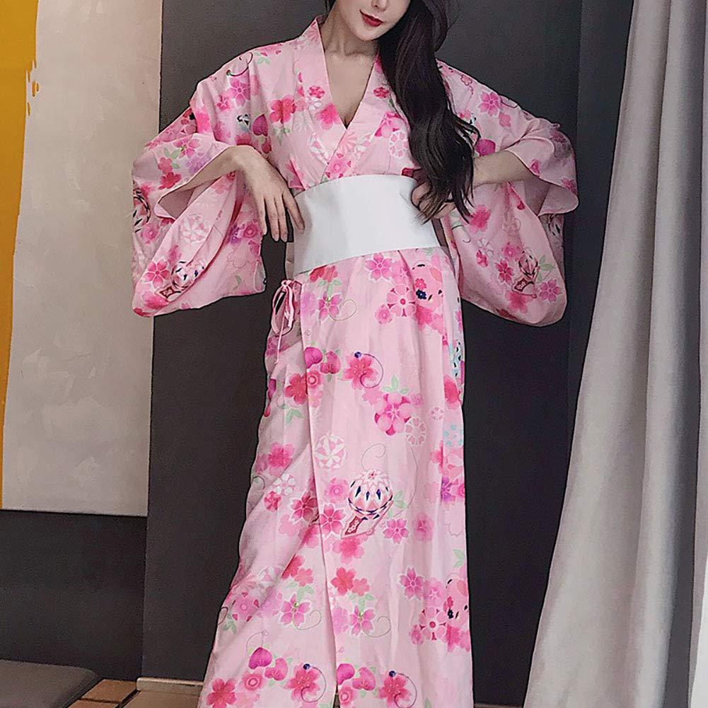 HongH HongH Women's Floral Print Traditional Japanese Kimono Goldfish Obi Blossom Yukata Costume Set Belt Robe, 04# Long Pink, Large