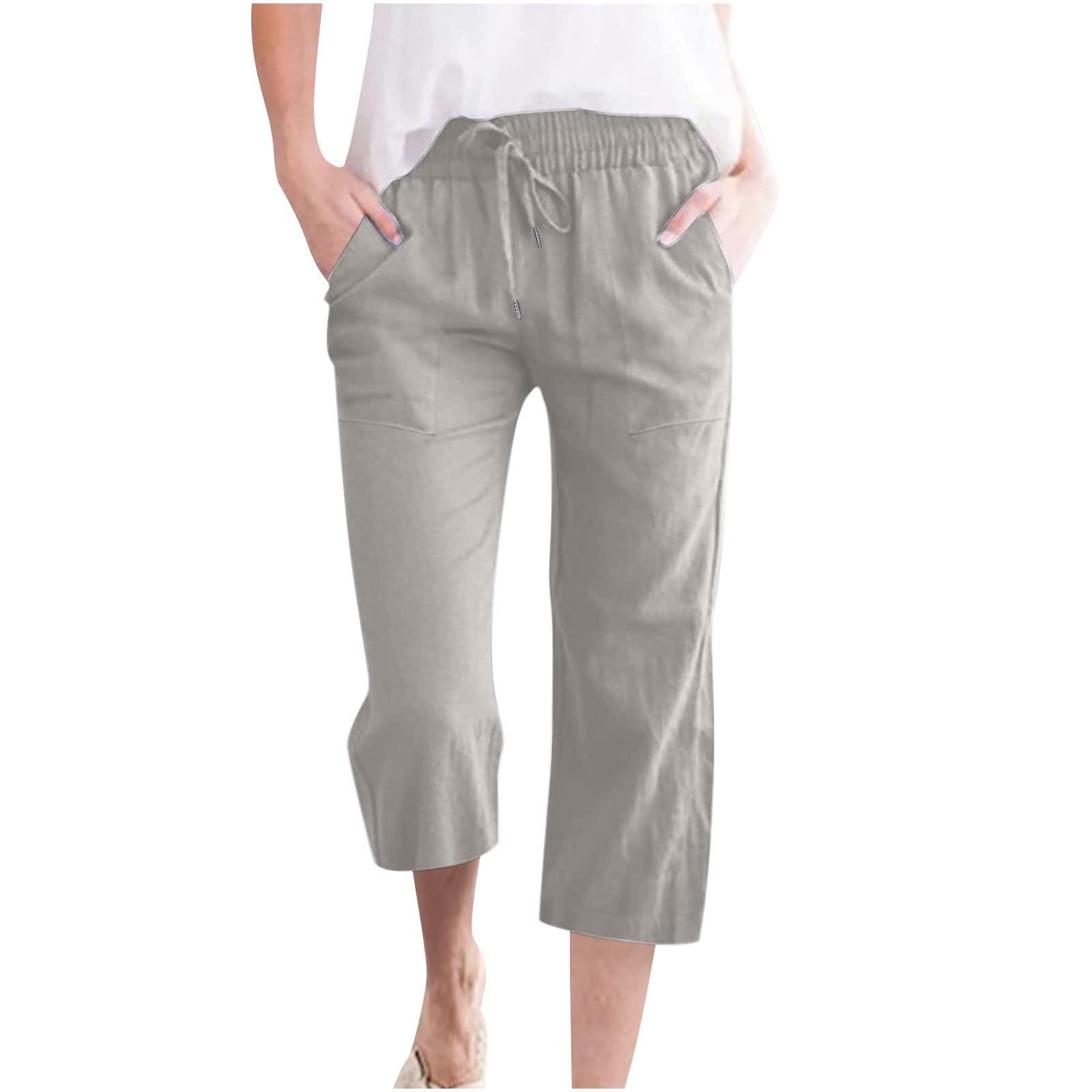 SMIDOW Womens Wide Leg Capris Casual Summer Elastic High Waist Cotton Linen Carpi Pants Loose Comfy Cropped Lounge Trousers