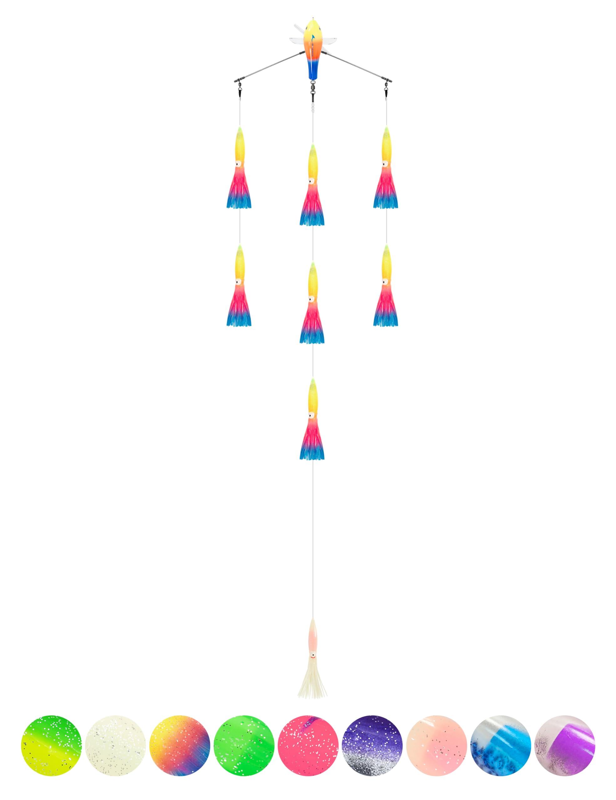 BLUEWING BLUEWING 18\" Upgraded Fishing Spreader Bar Port Walker Offshore Trolling Spreader Bar with 6\" Bulb Squids and 316 Stainless Steel Rod for Wahoo Tuna Marlin Mahi Mahi, Rainbow