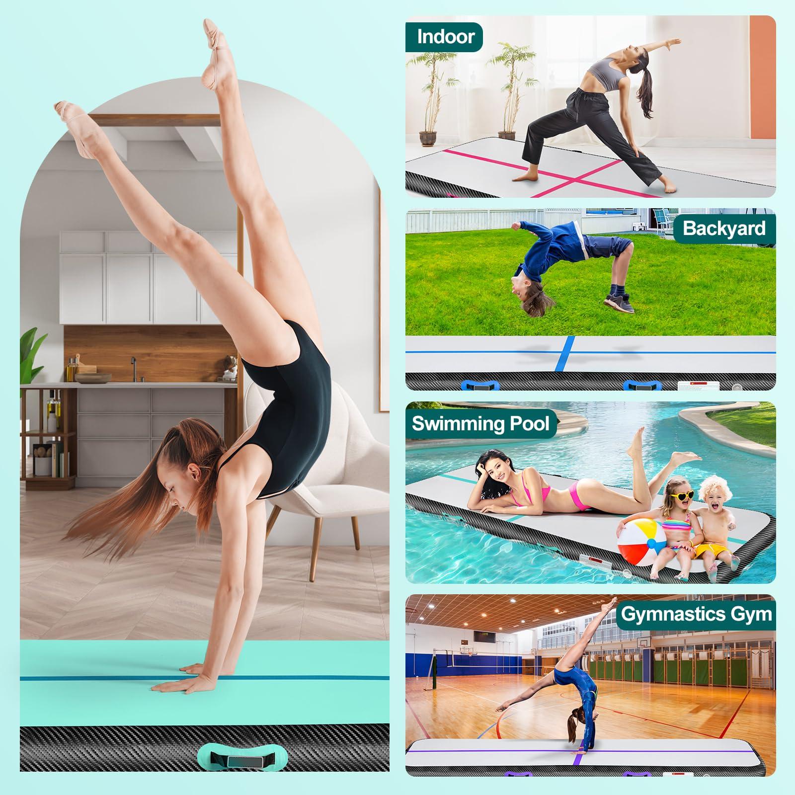 BCGA Inflatable Gymnastics Mat 10ft/13ft/16ft/20ft/ Air Tumbling Track Mats 4/8 inches Thick for Home Use/Training/Cheerleading/Yoga/Water with Pump 10ft x 6.5ft x 8inch Green Black