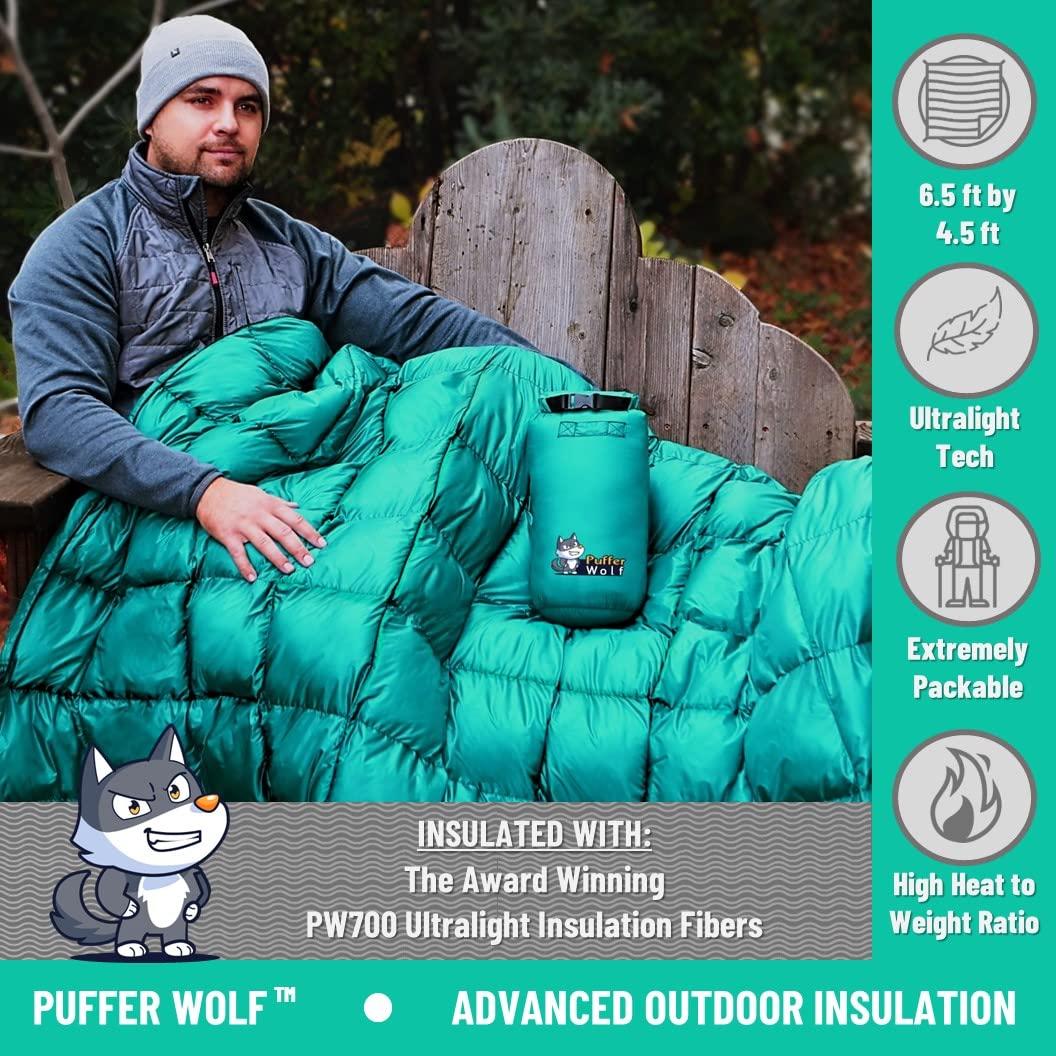 PUFFER WOLF PUFFER WOLF | Extra Large Double Insulated Outdoor Camping Blanket | 2X Puffy, Warm, Packable, Weatherproof, Durable, and Lightweight | Top Quilt for Hiking, Backpacking, Stadium Events, Picnic Use