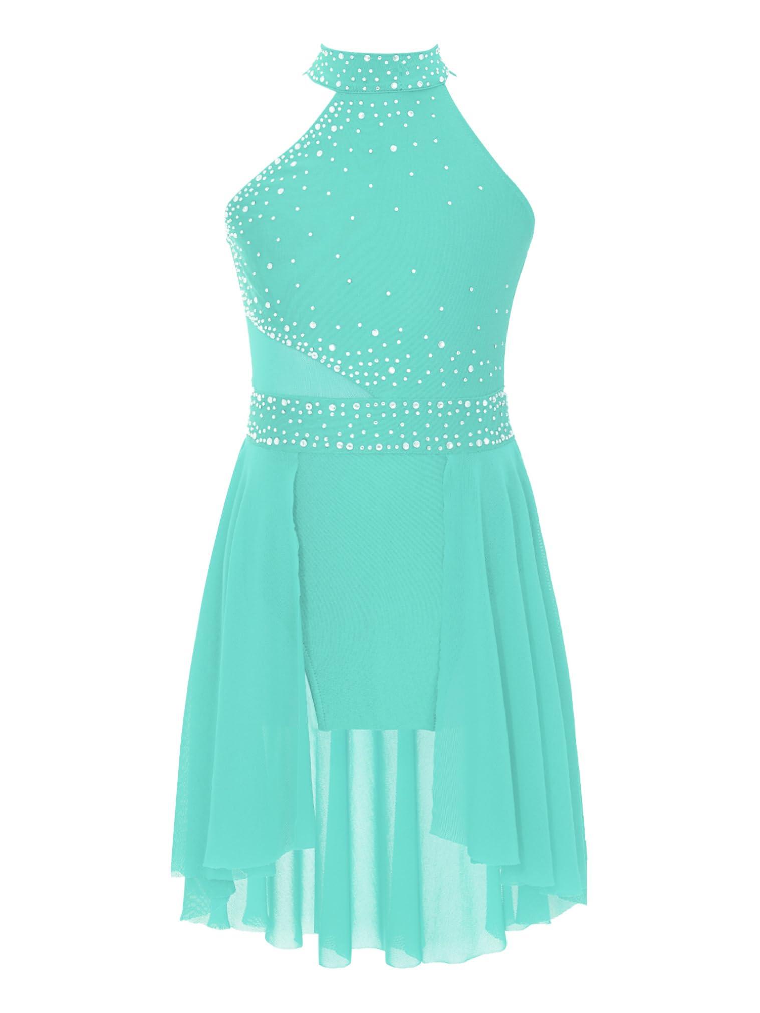 JEATHA JEATHA Kids Girls Rhinestone Sleeveless Mock Neck Roller Skating Dress Gymnastic Leotard Ballet Dance Costume Mint Green B 16