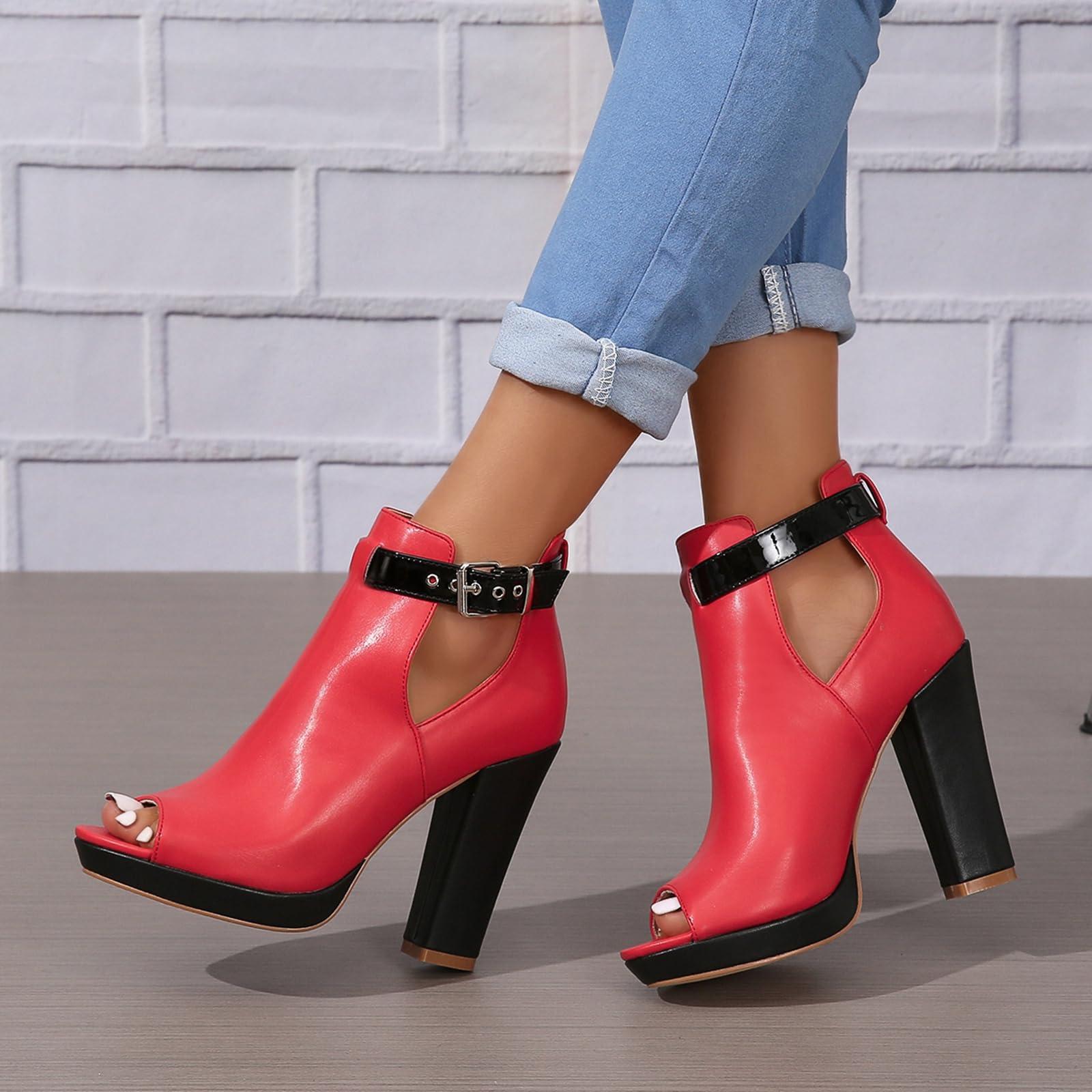 NineFit Basics Women's Open Peep Toe Booties Cutout Side Strap Buckle Chunky Block Heel Fashion Short Ankle Boots Dressy Sandals