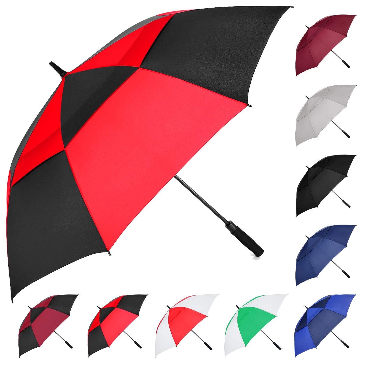 MRTLLOA MRTLLOA Automatic Open Golf Umbrella, Extra-Large Oversized Double Canopy Vented Windproof Waterproof Stick Rain Golf Umbrellas for Men and Women(Red Black/62 in)