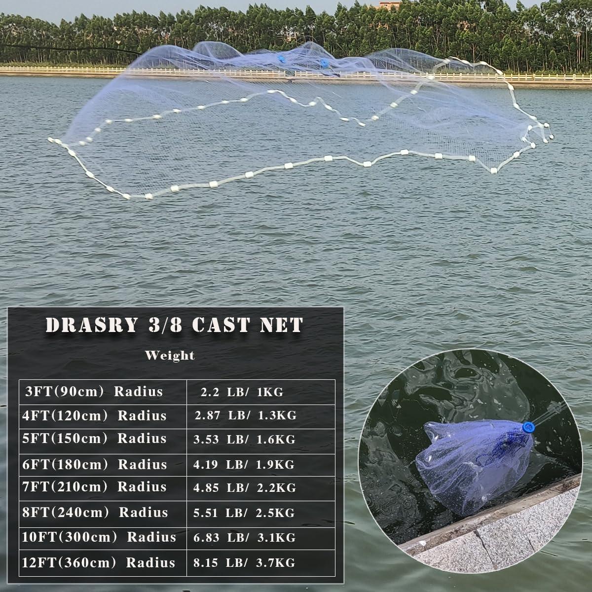 Drasry Drasry Saltwater Fishing Cast Net 3/8 and 1/4 Mesh with Heavy Duty Gray Sinker American Monofilament Fish Throw Net for Bait Trap 3FT 4FT 5FT 6FT 7FT 8FT 9FT 10 FT Radius 0.66 lb/ft, 10FT Radius