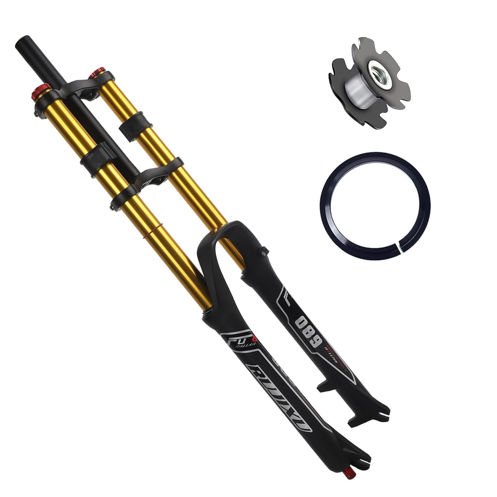 RUJIXU RUJIXU 26 27.5 29 Inch Mountain Bike Suspension Fork Disc Brake Straight/Tapered Manual Lockout Quick Release MTB DH Air Forks with Damping Adjustment Travel 135mm (Color : Black Gold, Size : 26")