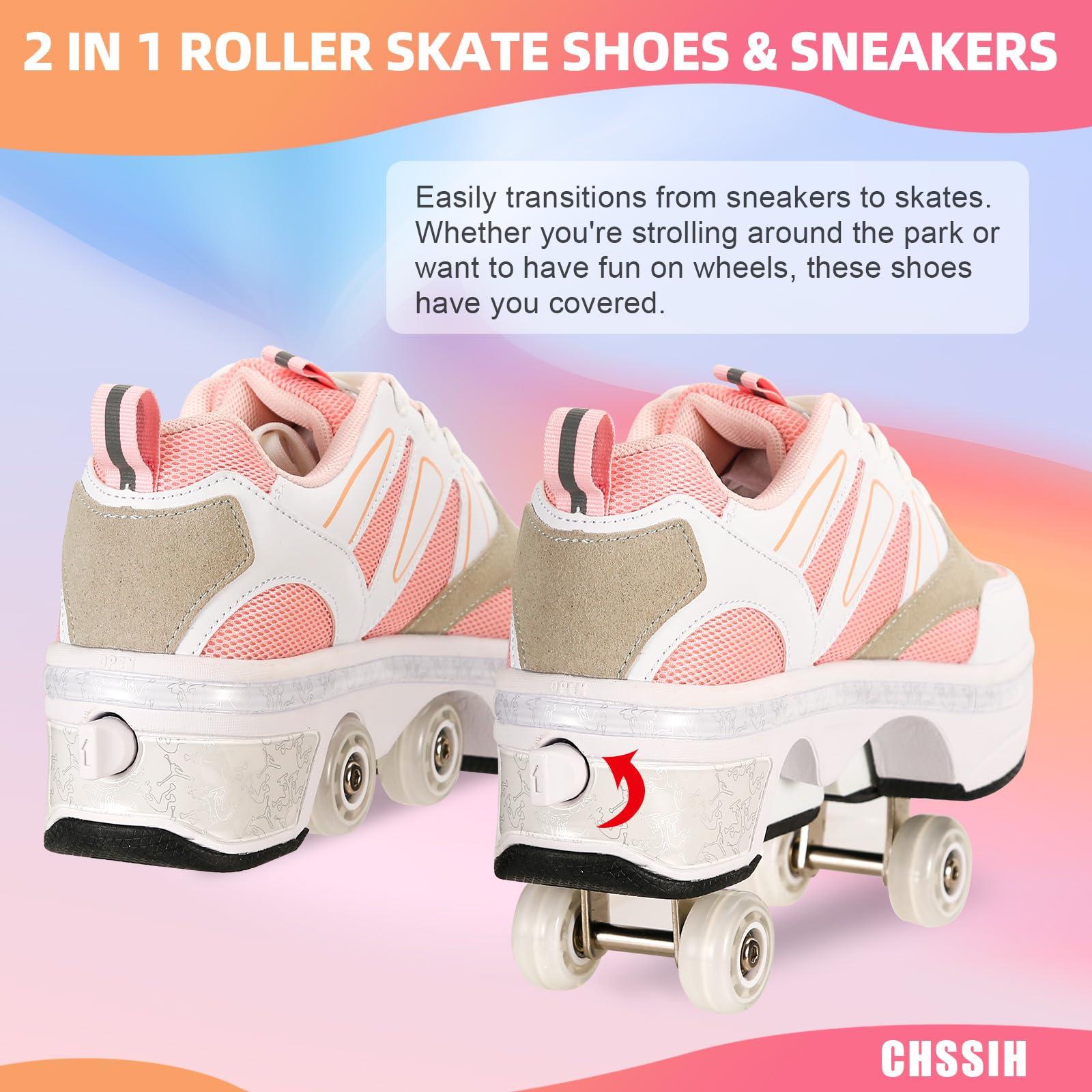 CHSSIH Roller Skate Shoes for Girls, Kids, Women & Adults Retractable Shoes with Wheels | Pop-Out High Roller Skating Shoes That Turn Into Sneaker Skates - Pink, 7