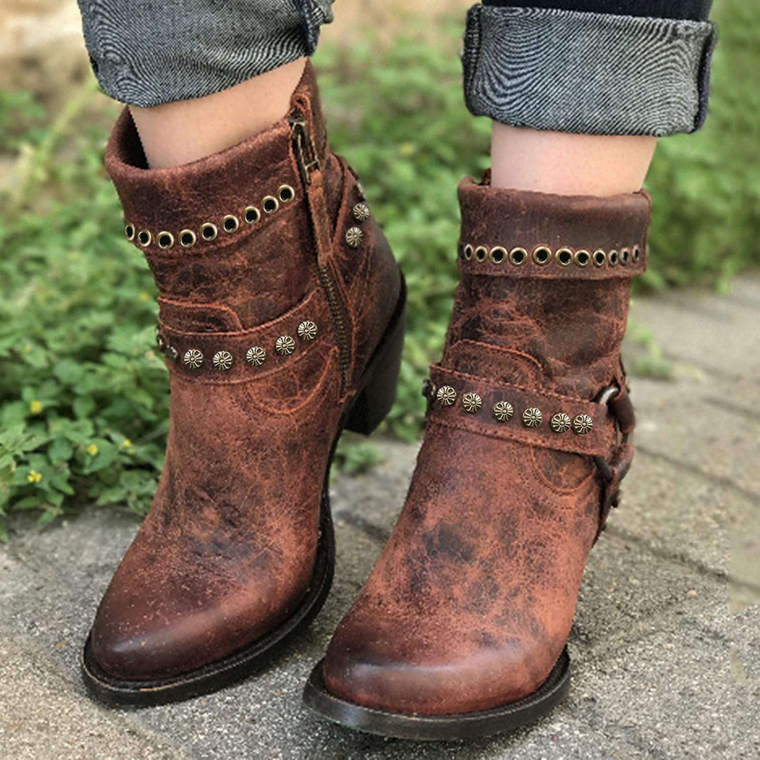 Bcshiye Bcshiye Women's Ankle Bootie,Fashion Vintage Slip on Pointed Toe Mid Heel Booties Thick Heel Western Boots for Women