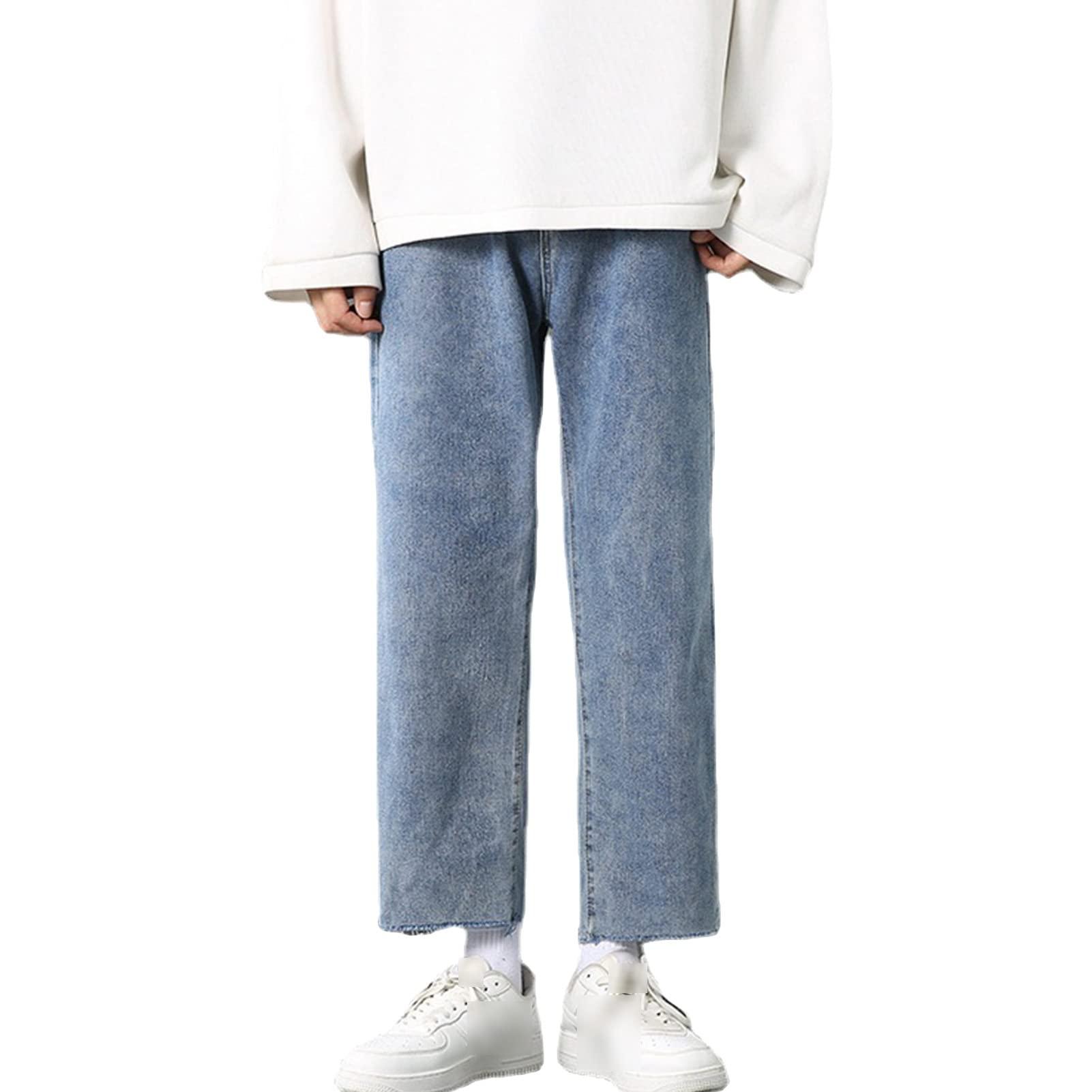 JEsilunmaMY JEsilunmaMY Straight Leg Jeans for Men Casual Loose Distressed Washed Denim Pants Spring Frayed Hem Baggy Slacks Jean Pants (Blue,29)