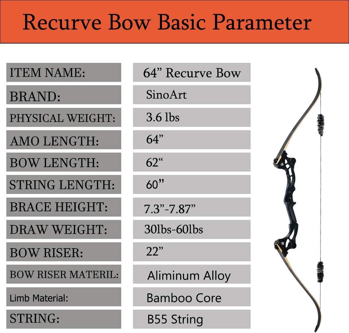 SinoArt SinoArt 64\" Takedown Recurve Bow Metal Riser 30-60Lbs Right Handed for Archery Hunting (60Lbs)