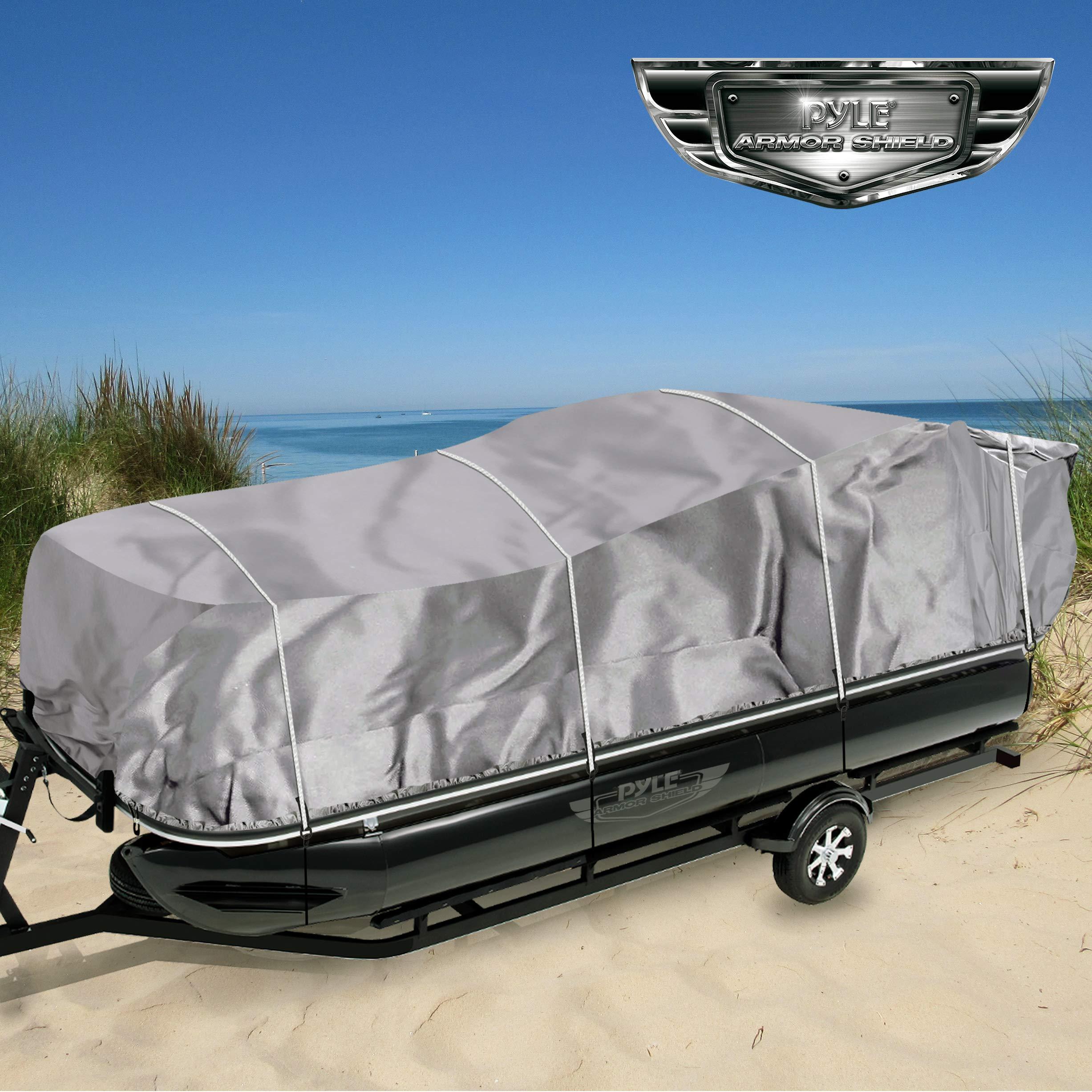 Pyle Pyle Universal Boat Adjustable Storage Cover - 25\'-28\'L to 96 Pontoon Boats Protection Custom Heavy Duty Waterproof Polyester Fabric, Snap Strap, Elastic Cord, Bag