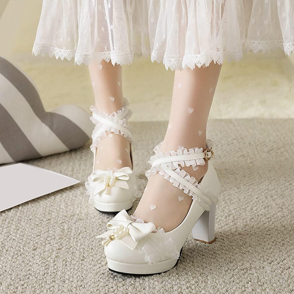 KOKOMOMO KOKOMOMO Womens Kawaii Platform Lolita Shoes Block High Heel Strappy Pumps,Size 4 White