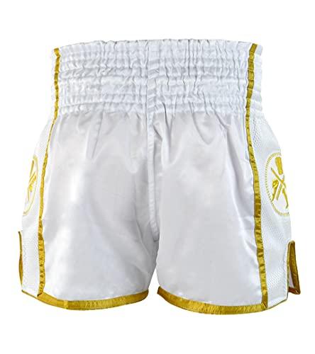 Combat Corner CRNR Muay Thai Shorts | Kickboxing Thai Boxing MMA Training Competition Athletic Shorts | White/Gold | Youth Small