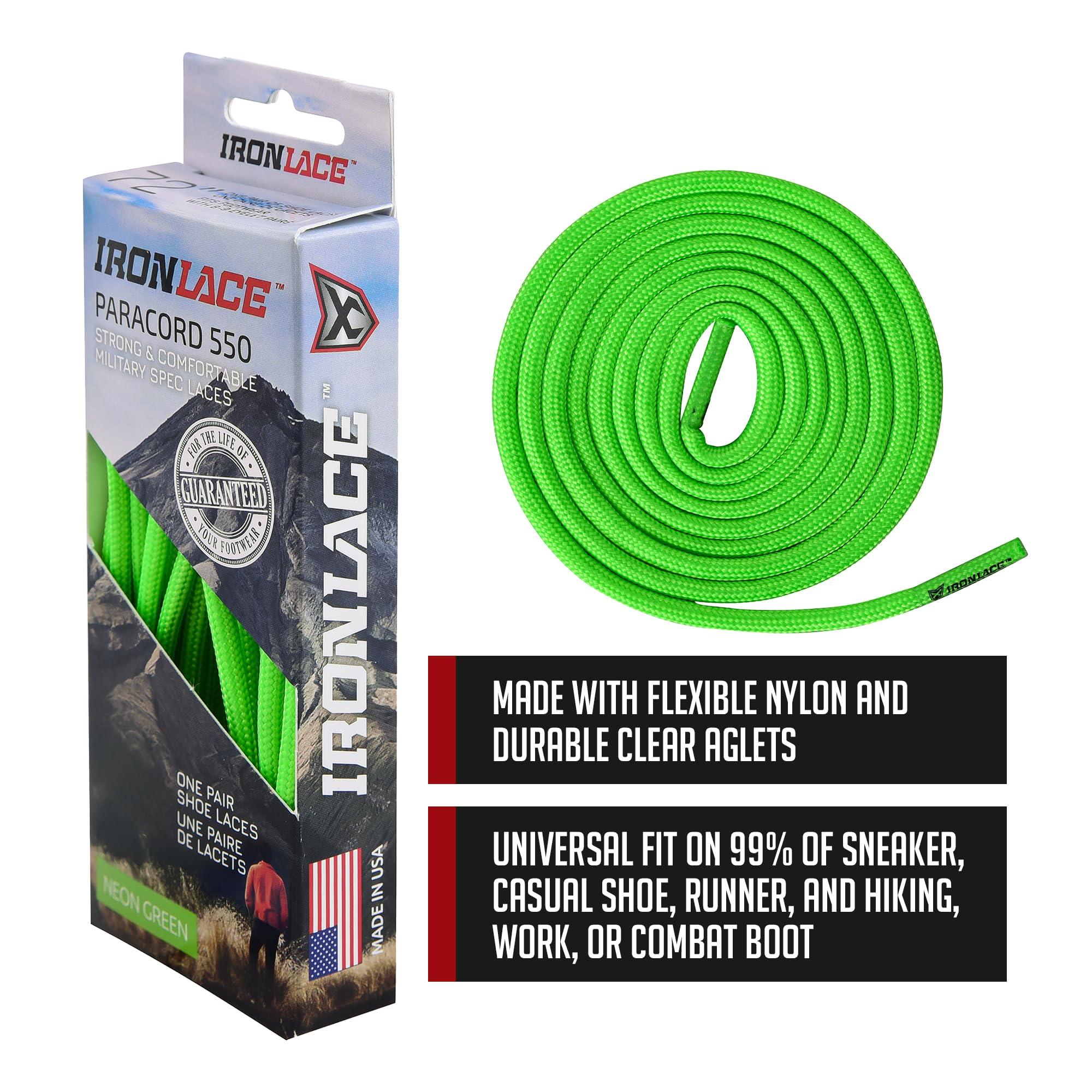 IRONLACE IRONLACE - Paracord 550 Laces Type III, Heavy-Duty, Universal Boot & Shoe Laces, Stretchable Nylon, 550-Pound Breaking Strength, Neon Green, 9/64 Inch (3.5mm) Tip Diameter, 45-Inch, 1-Pair
