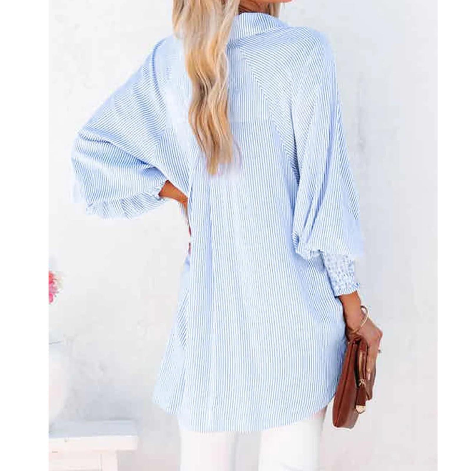 yonasu yonasu The Happy Wind Striped Shirt, The Happy Wind Blouse, Womens Smocked Cuffed Striped Boyfriend Shirt with Pockets