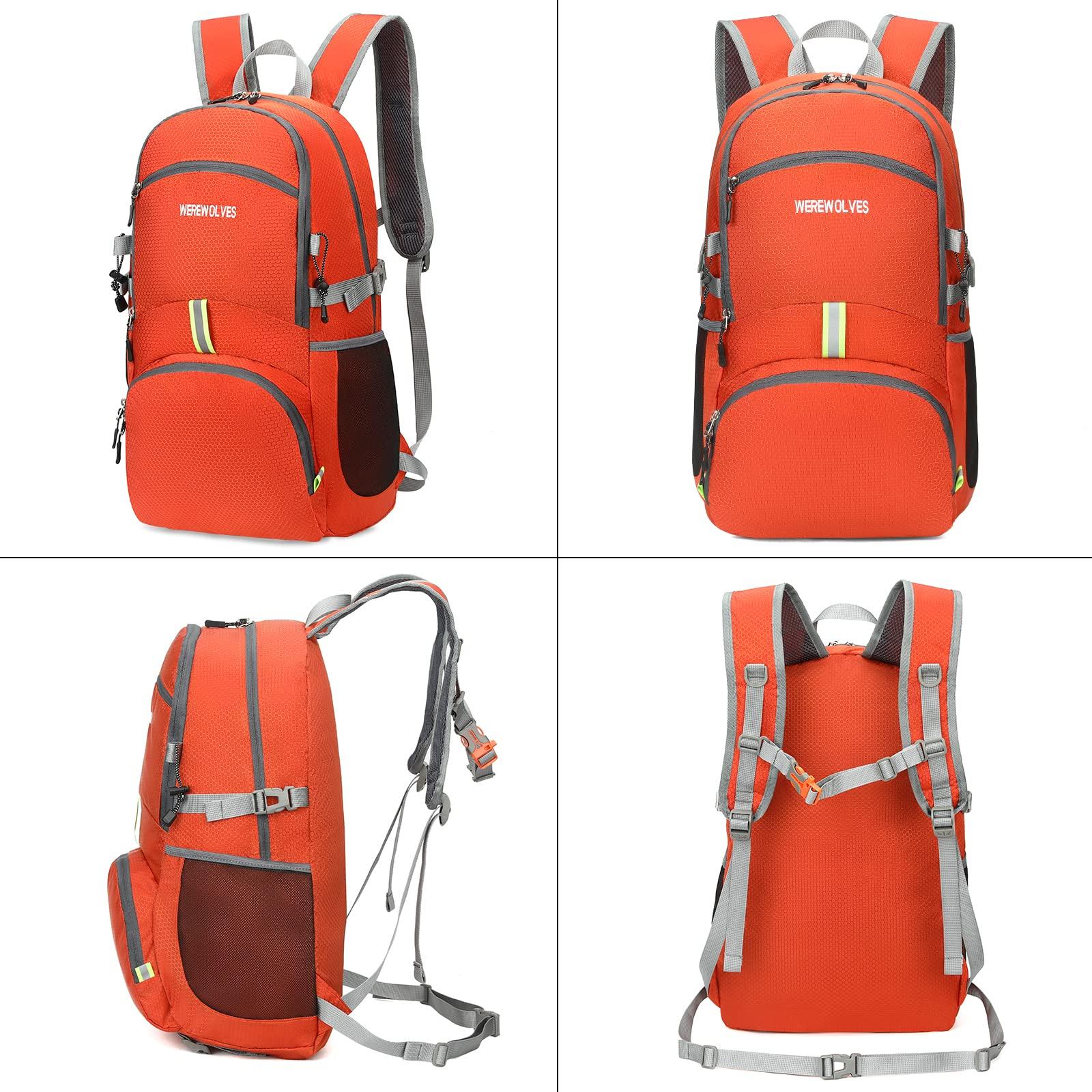 WEREWOLVES WEREWOLVES 35L Ultralight Hiking Backpack, Lightweight Foldable Water Resistant Outdoor Sports Travel Daypack for Women Men (orange, 35L)