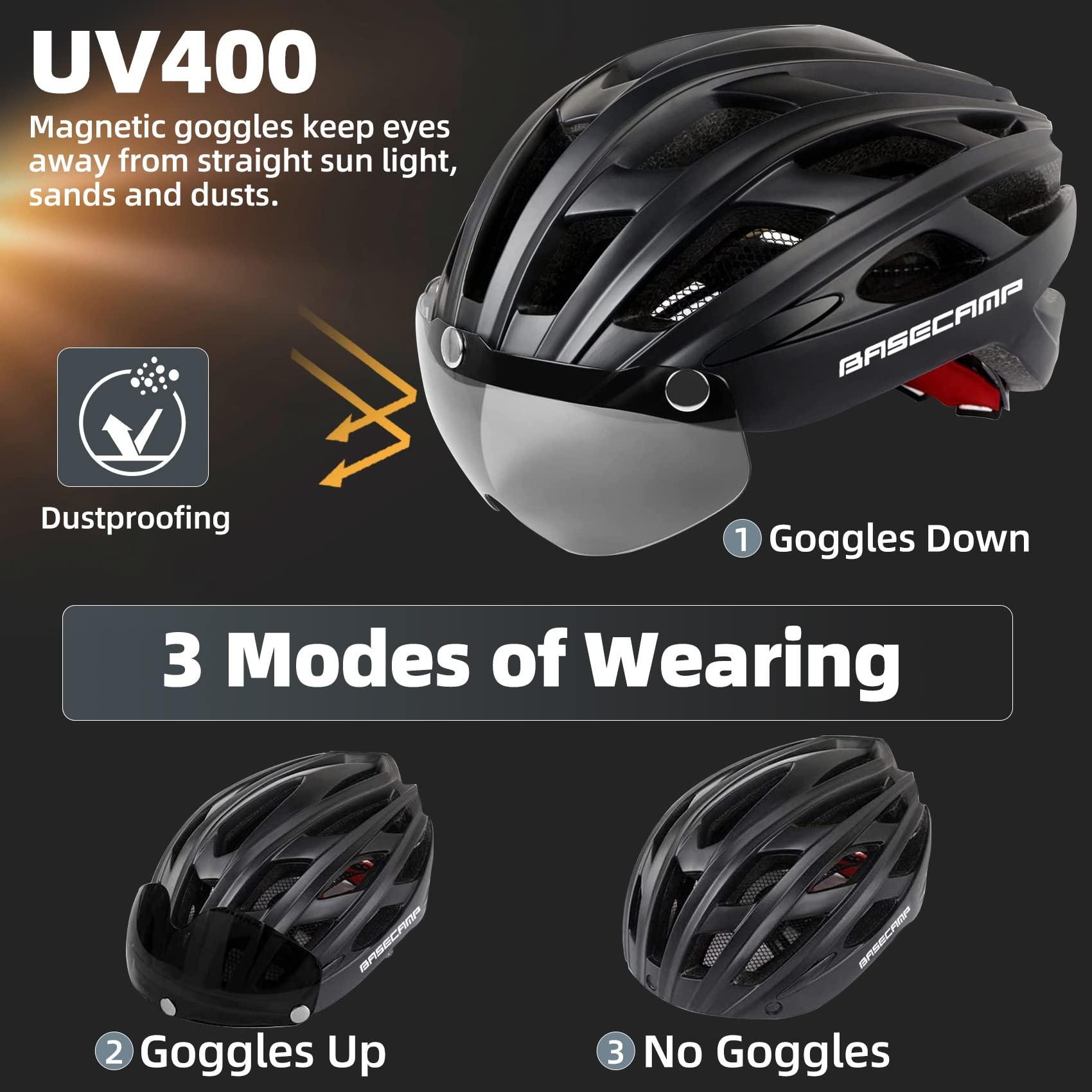 Basecamp Bike Helmet, Basecamp Bicycle Helmet with Rear Light & Detachable Magnetic Goggles Lightweight Cycling Helmet Adjustable for Adult Men Women Mountain & Road (BC-069)