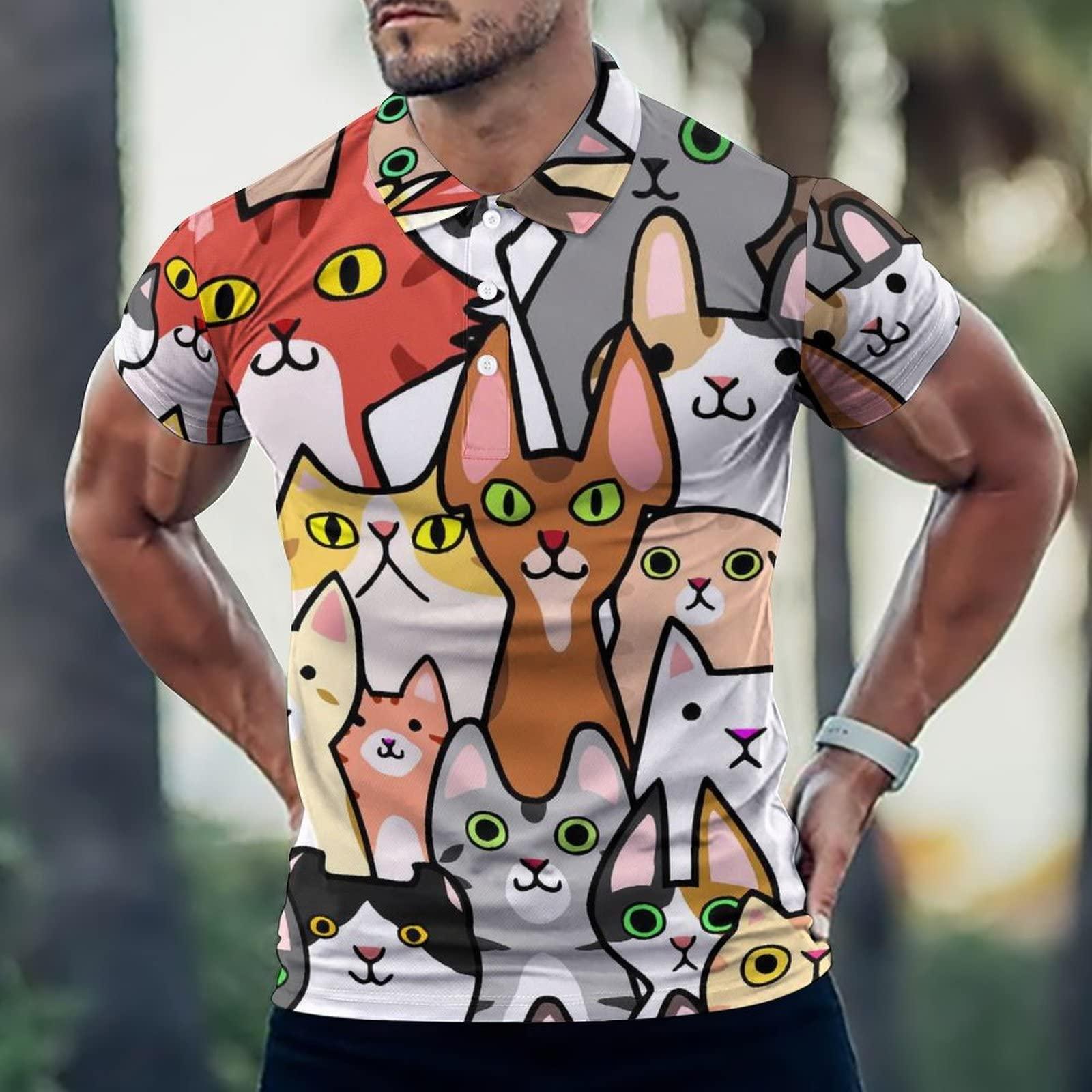 BAIKUTOUAN BAIKUTOUAN Colorful Doodle Cats Faces Men's Golf Polo-Shirt Short Sleeve Jersey Tees Casual Tennis Tops M