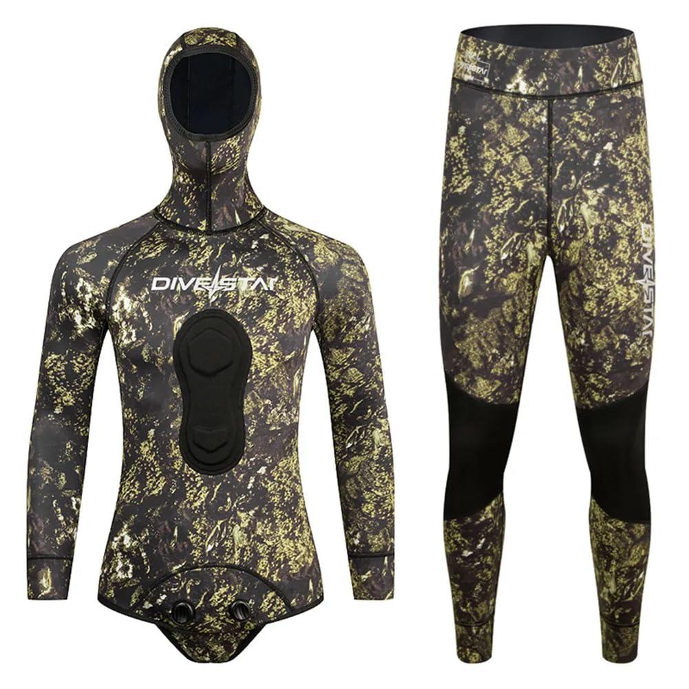 WYYHAA WYYHAA 1.5MM Neoprene Spearfishing Wetsuit with Hooded, 2 Pieces Camouflage Hunting Diving Suit for Cool Water Freediving Snorkeling,XL