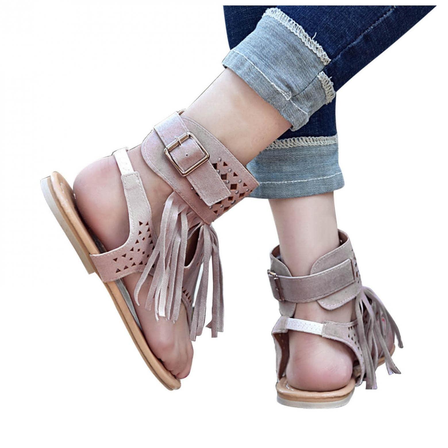 ZBYY ZBYY Womens Gladiator Fringe Thong Flat Sandals Bohemian Sexy Beach Roman Boots Tassel Flip Flops Hollow Out Sandals