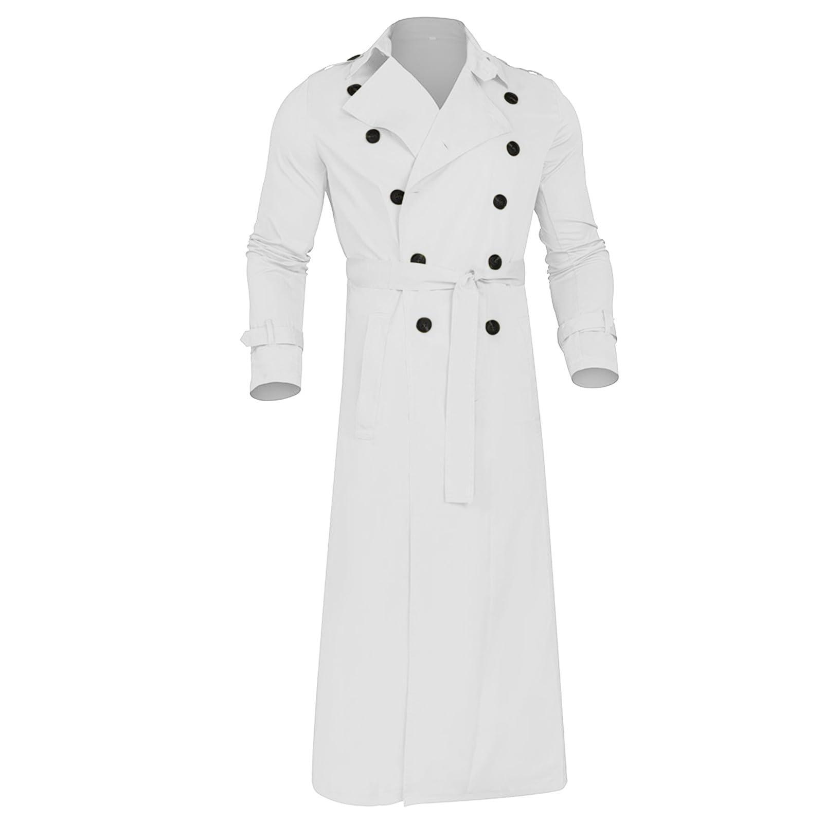 SAMST Men's Double Breasted Long Trench Coat Business Casual Oversized Windbreaker Notch Lapel Jacket Windproof Overcoat(White,S)