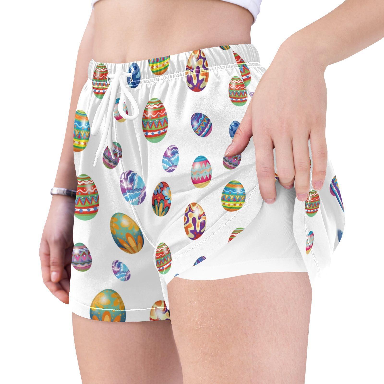 HURPAN HURPAN Easter Eggs Womens Quick Dry Beach Shorts Athletic Swim Bottom Swimsuit with Liner Pockets
