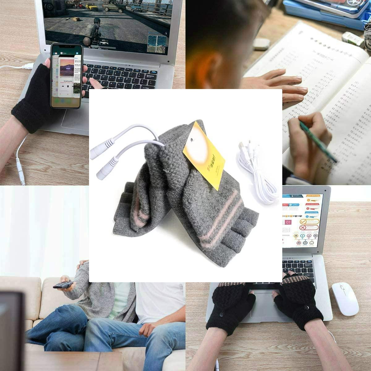 Kbinter Women\'s & Men\'s 2 Pack USB Heated Gloves Mitten Winter Hands Warm Laptop Gloves, Knitting Hands Full & Half Heated Fingerless Heating Warmer Washable Design (Black+Gray)