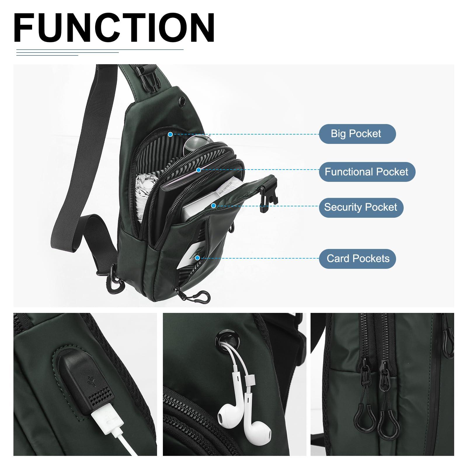 DTGN DTGN PU Sling Bag Crossbody Backpack - 6.69"x11.81" (LXH) Good for Women Men Hiking Travel - Multipurpose Casual Packs Shoulder Bags with Headphone Jack - USB Charge Port - Green